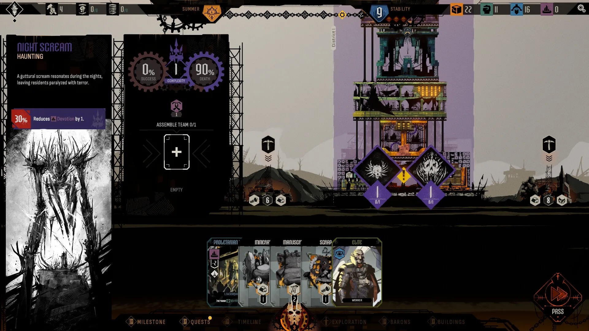 IRONHIVE: Night Scream event with haunting art, mission setup, and colony structure on side panel