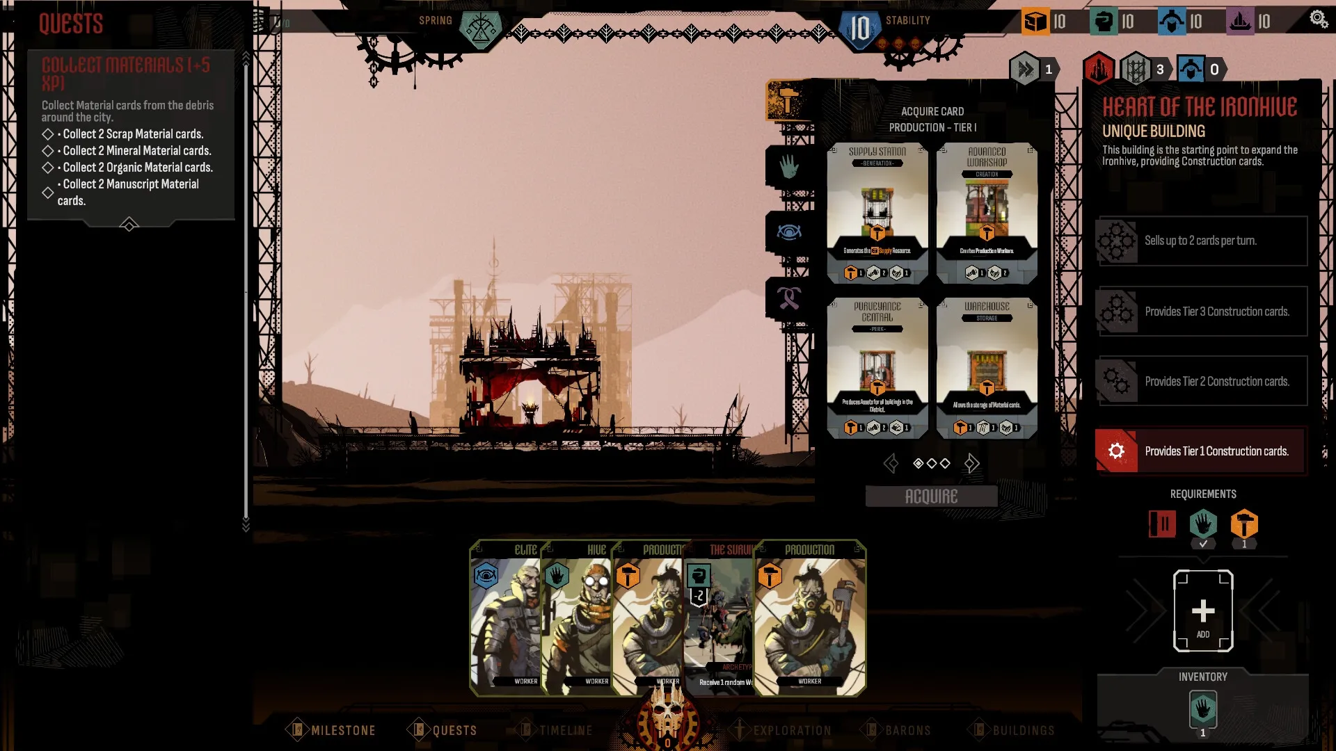 IRONHIVE: Quest menu and card selection interface in a post-apocalyptic city setting.