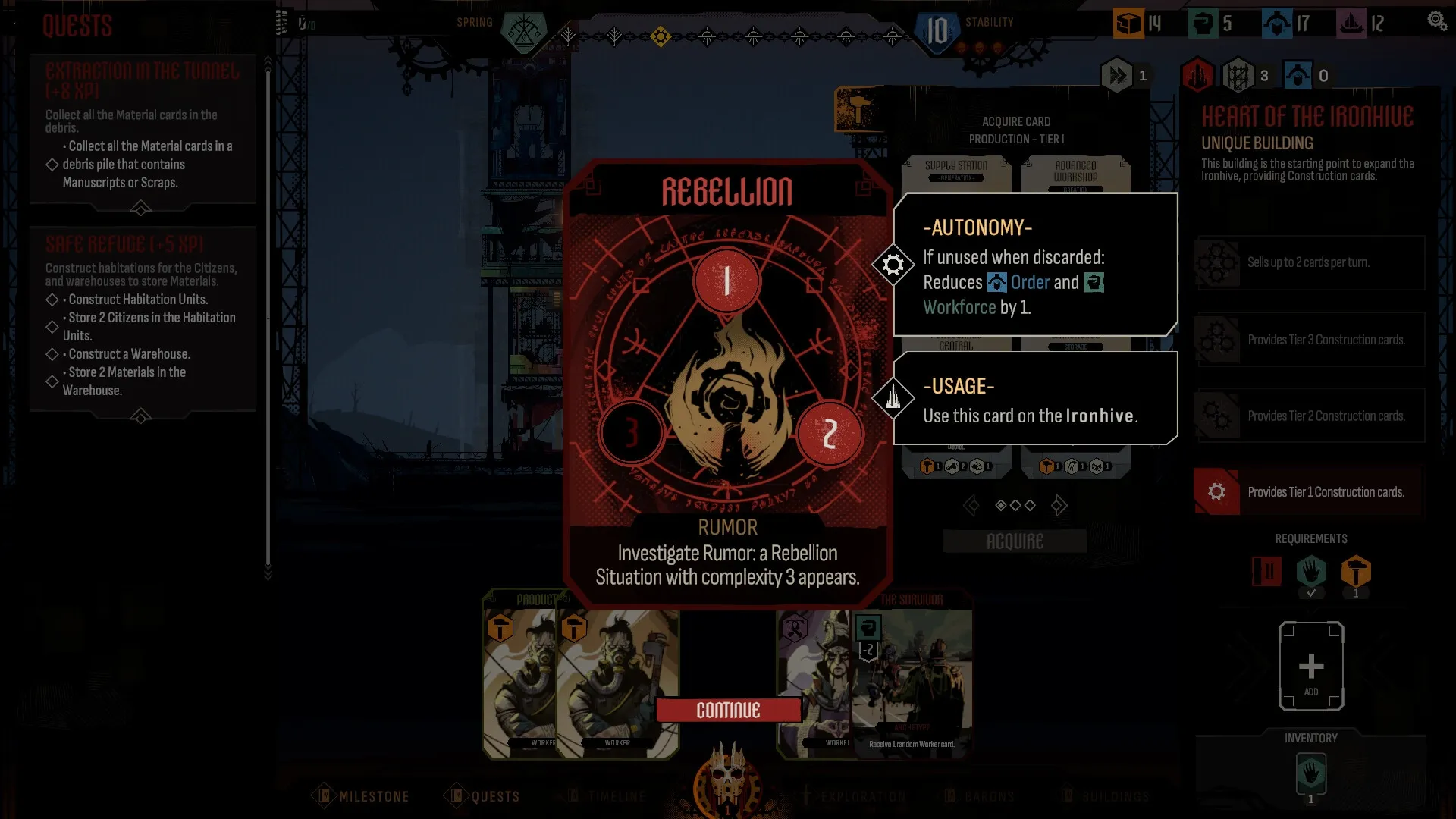 IRONHIVE: Rebellion card with autonomy and usage details in dark industrial environment.