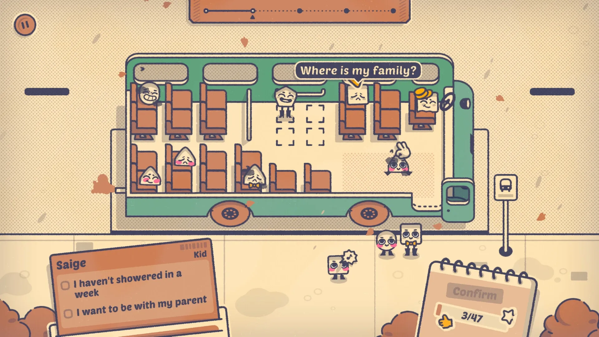 Is This Seat Taken?: Puzzle bus seating with characters expressing preferences and checklist visible