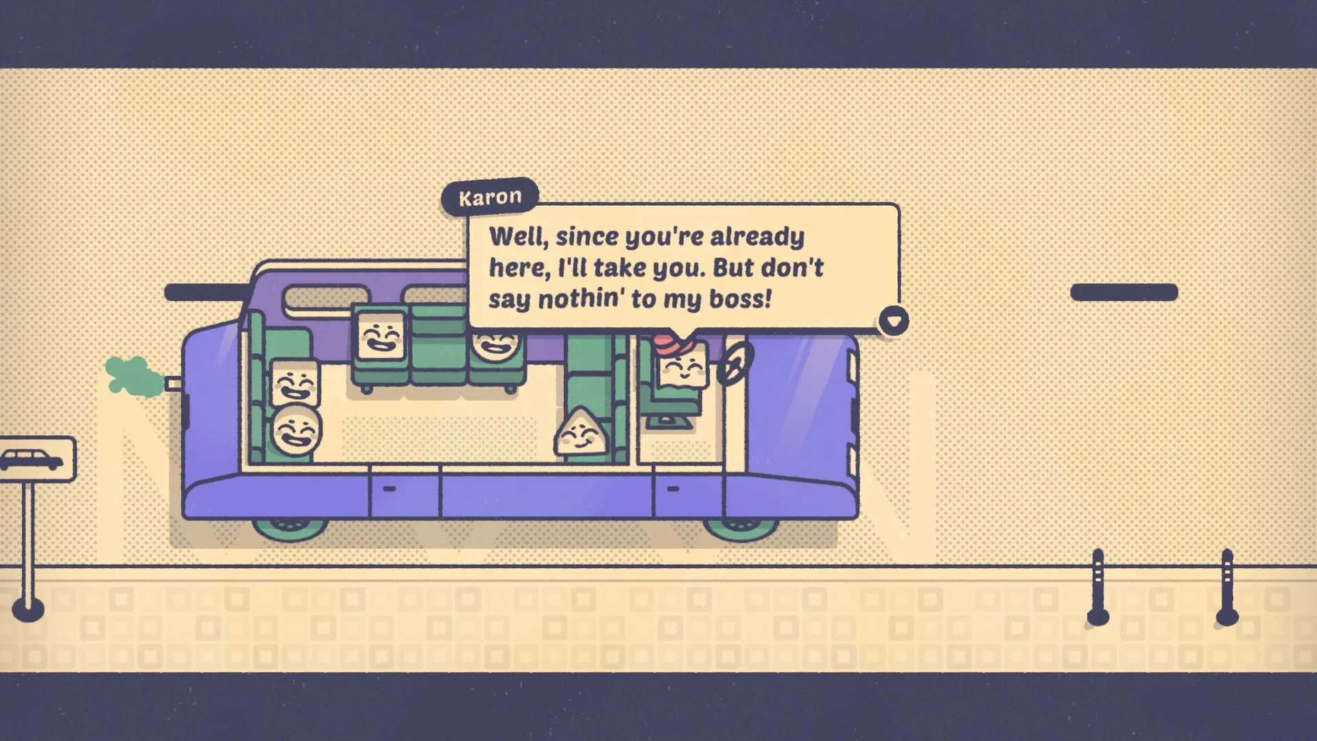 Is This Seat Taken?: Karon talks to passengers with varied expressions on a bus interior setting
