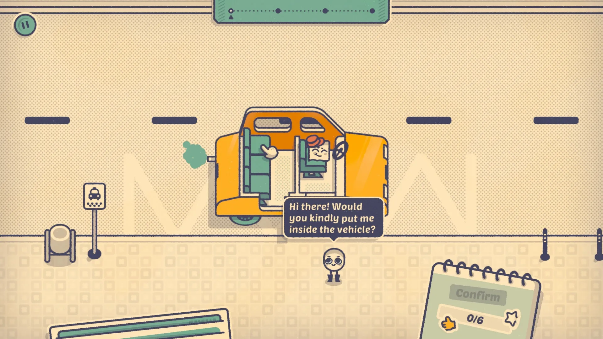 Is This Seat Taken?: Character requests seating in a yellow van with confirm menu and notebook interface