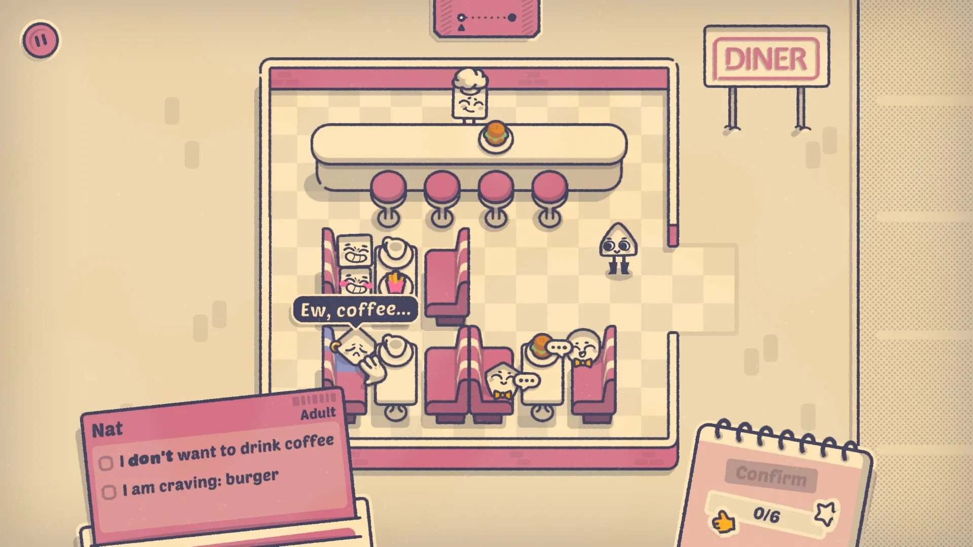 Is This Seat Taken?: Nat's seating plan with preferences shown in a cozy diner setting with booths.