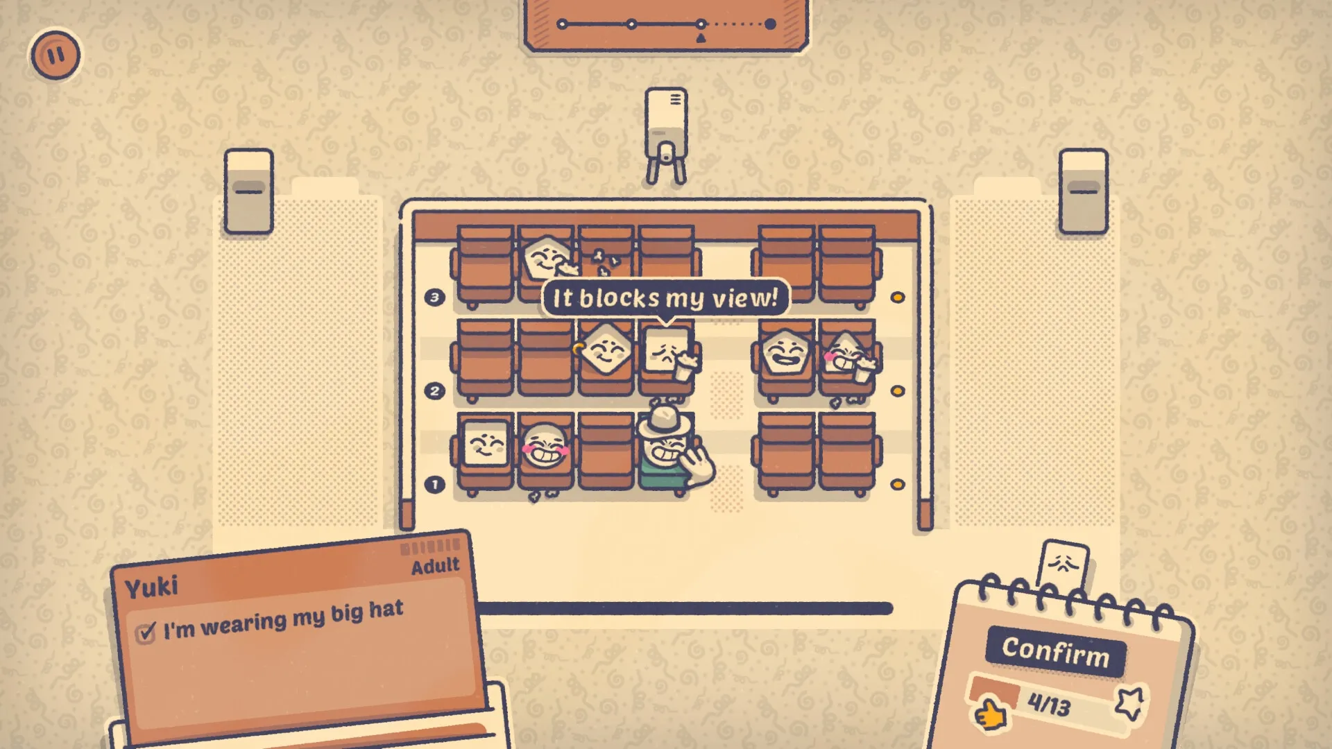 Is This Seat Taken?: Yuki's hat blocks view in theater seating puzzle, dialogue and confirm button shown