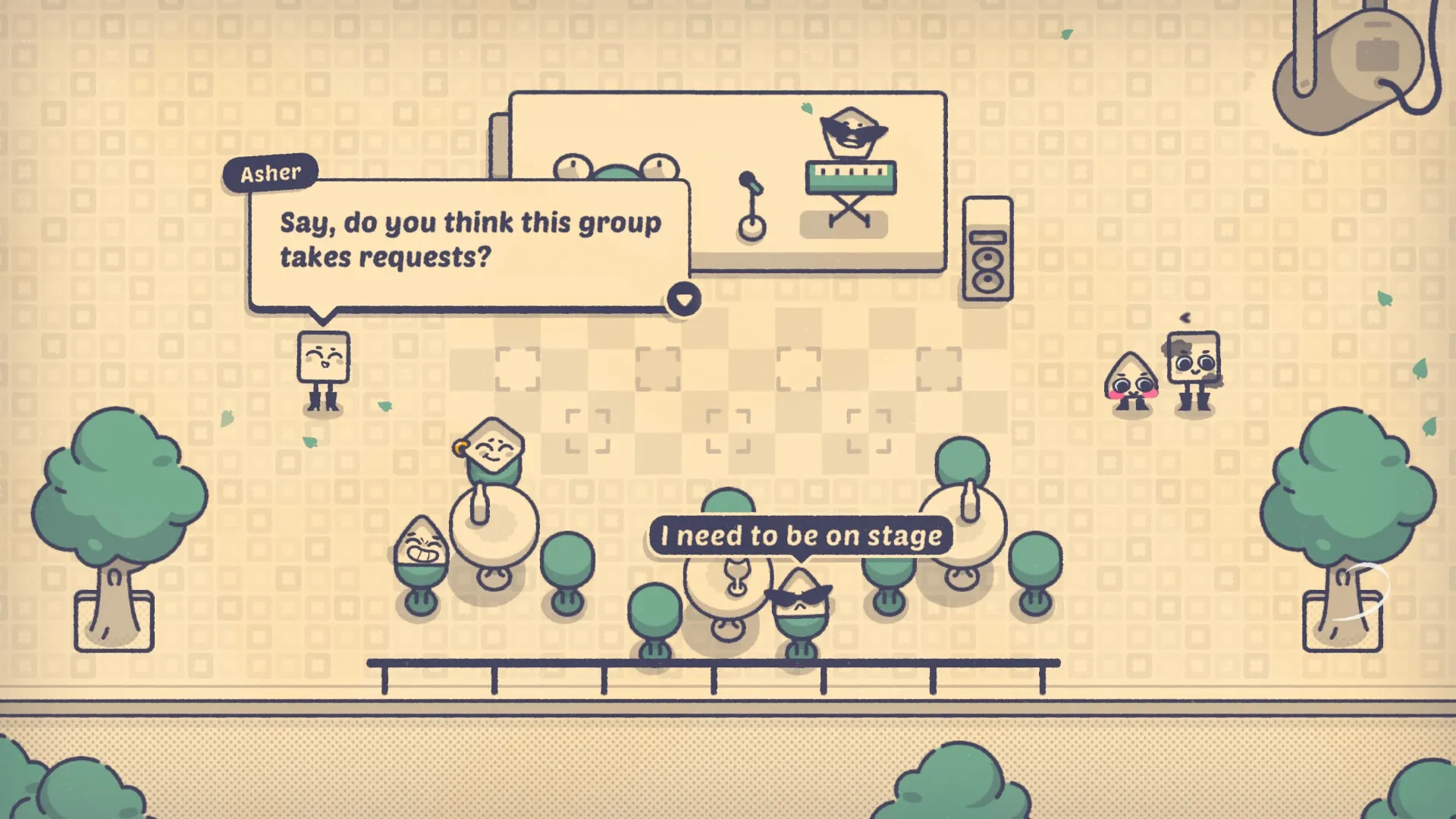 Is This Seat Taken?: Asher asks about requests in a quirky venue with tables and green trees around.