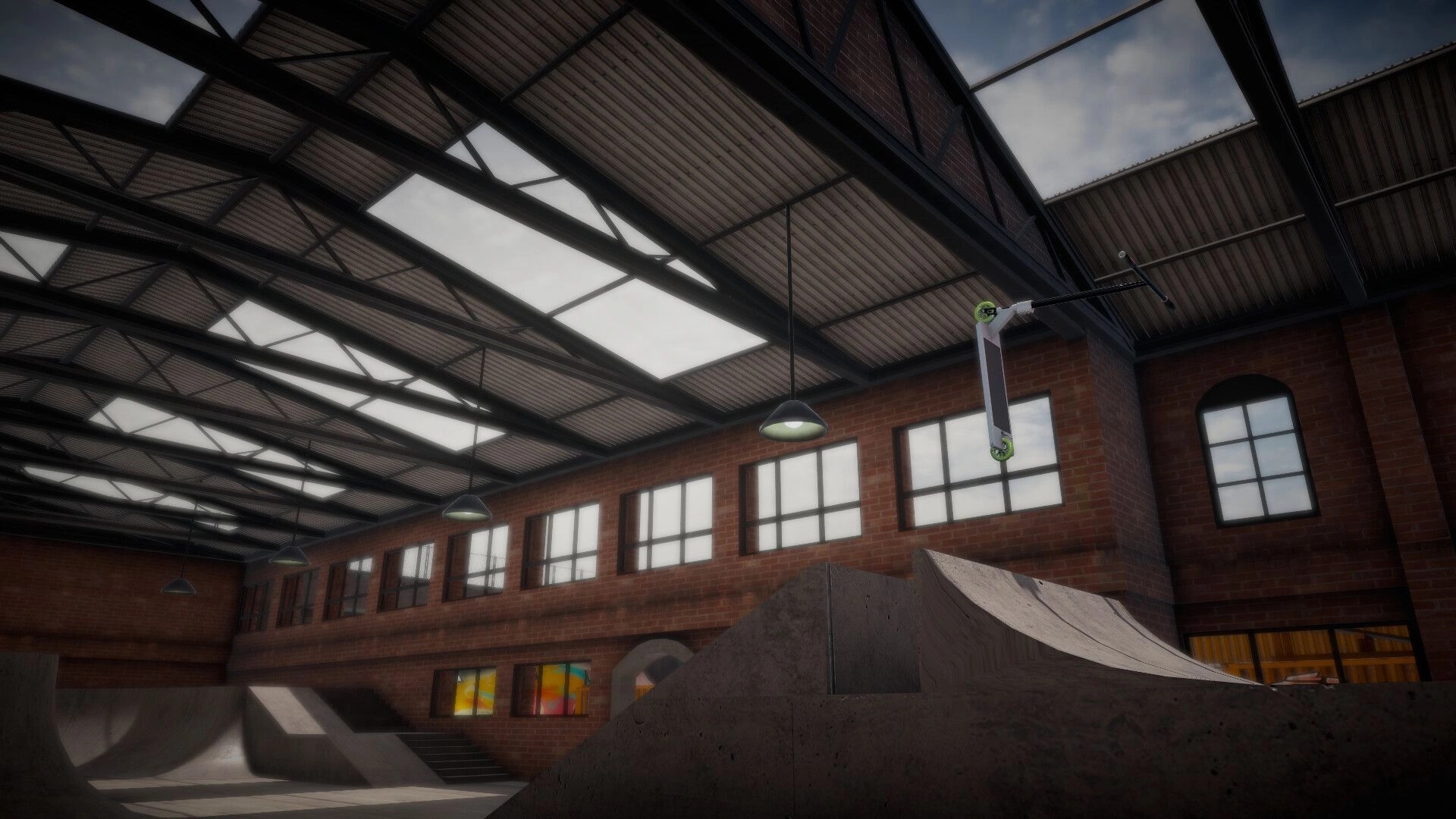 iScoot: Scooter mid-air trick in indoor skate park with ramps and industrial design elements