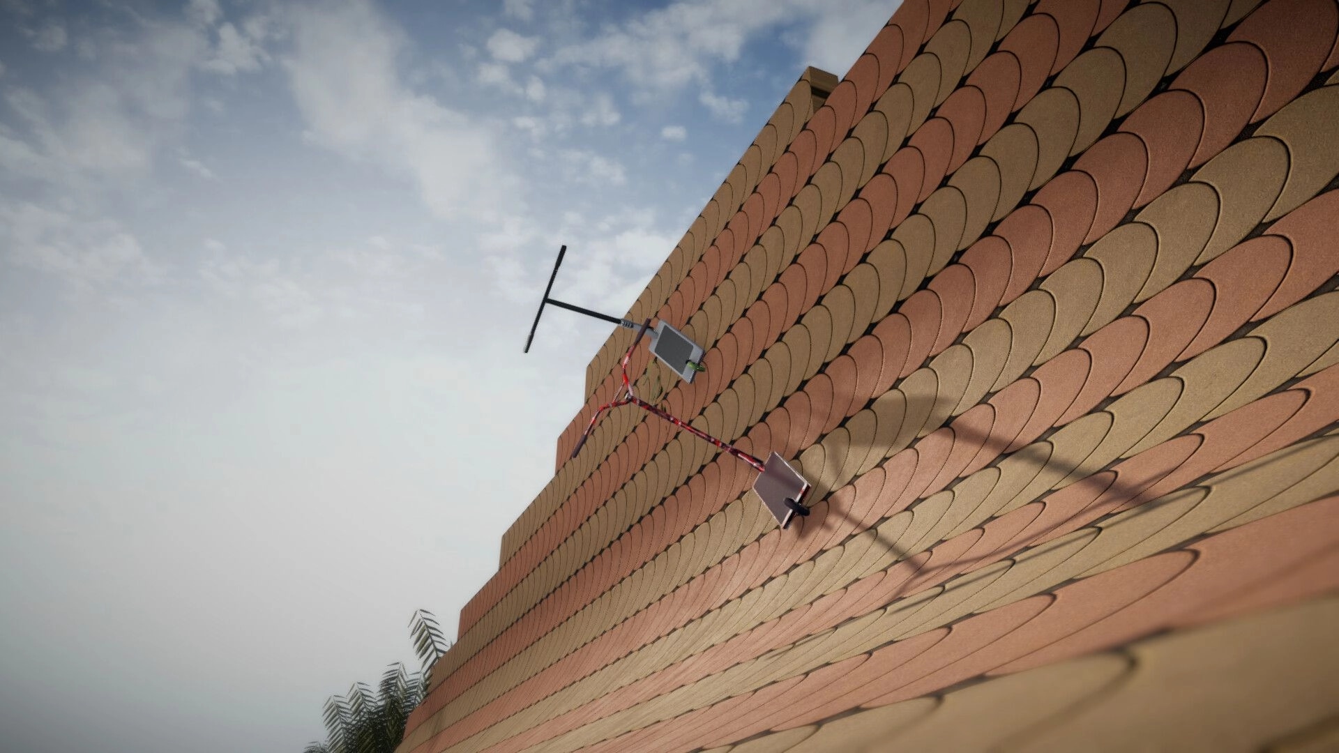 iScoot: Scooter mid-air trick against a textured wall under a clear sky environment