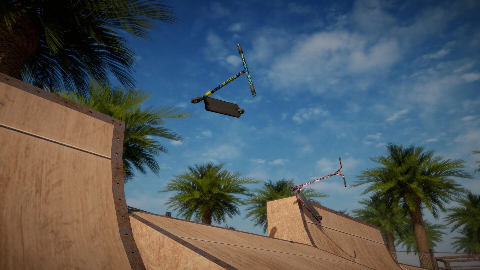 iScoot: Two scooters performing mid-air tricks above wooden ramps surrounded by palm trees