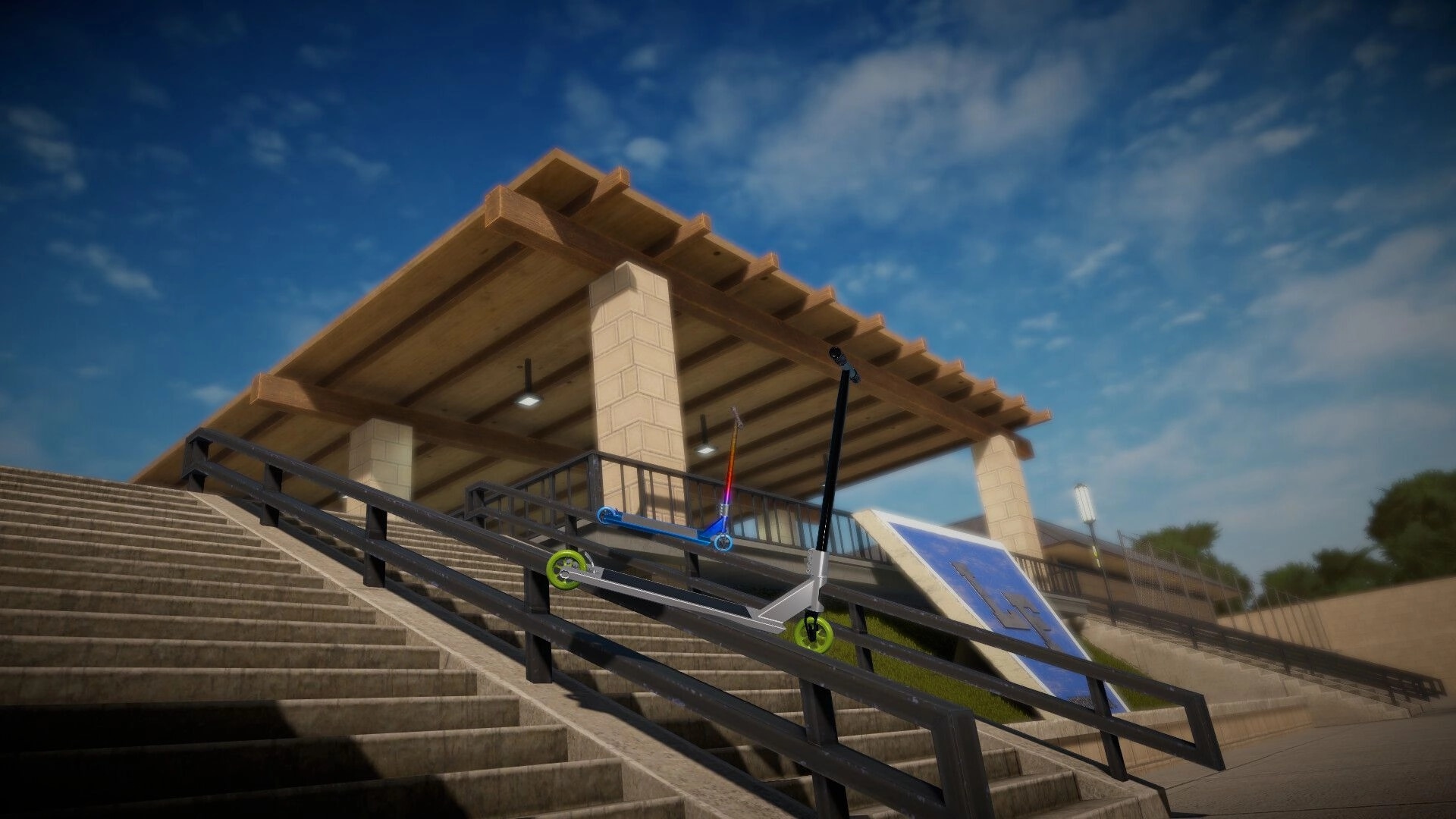 iScoot: Silver scooter balancing on a stair rail under a wooden pavilion in a sunny outdoor park