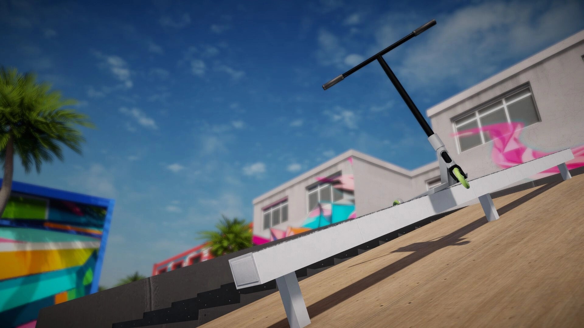 iScoot: Scooter performing a grind trick on a rail in a vibrant urban skate park environment