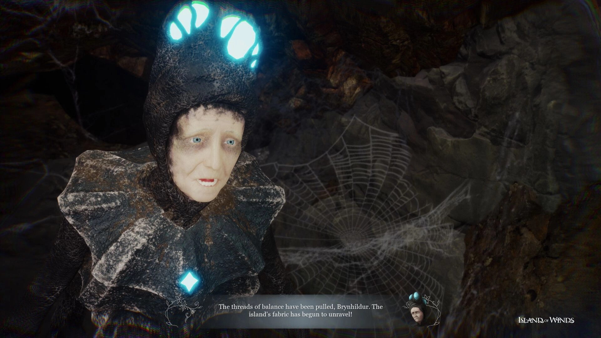 Island of Winds: Brynhildur in a dim cave with glowing headgear and web, dialogue text at bottom.