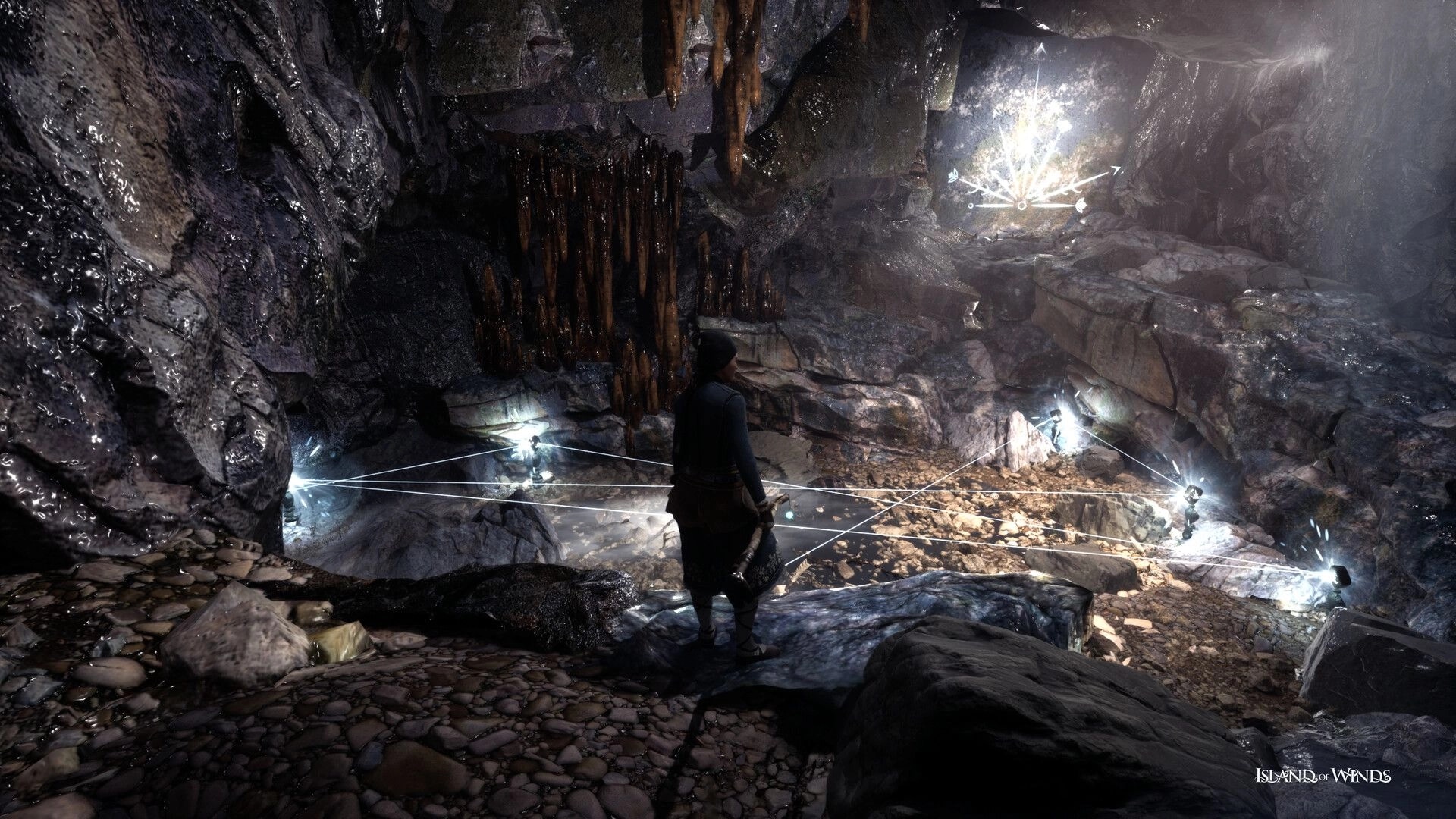 Island of Winds: Brynhildur explores a mystical cave with glowing symbols on the rocky walls.