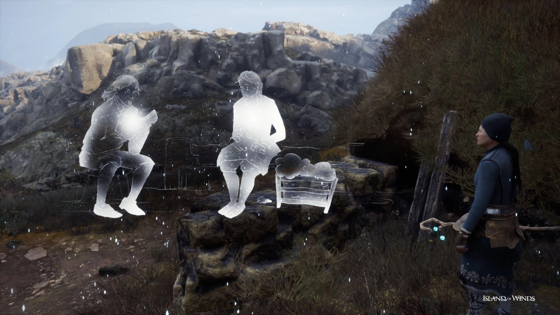 Island of Winds: Brynhildur observes ethereal figures sitting on rocky terrain in a mountainous landscape.