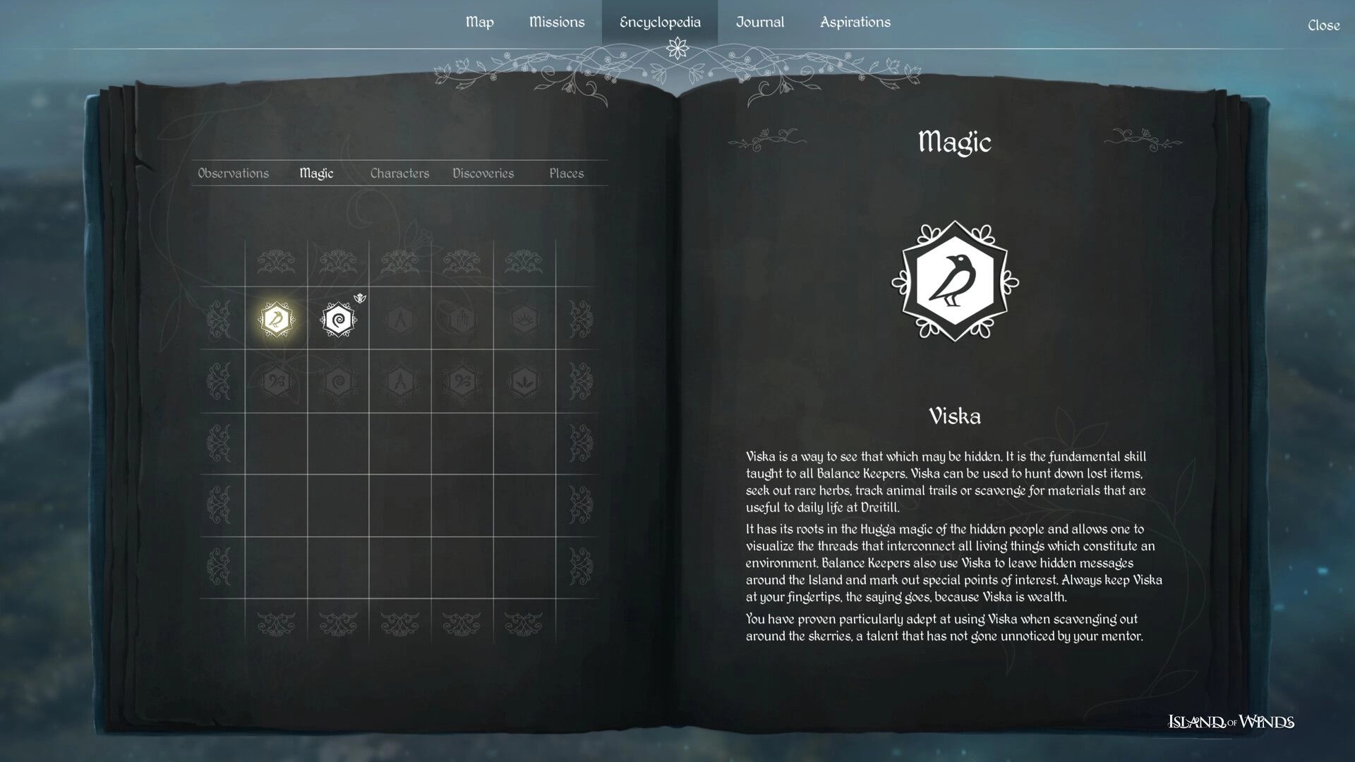 Island of Winds: Magic encyclopedia page displaying Viska skill details in a mystical book interface.