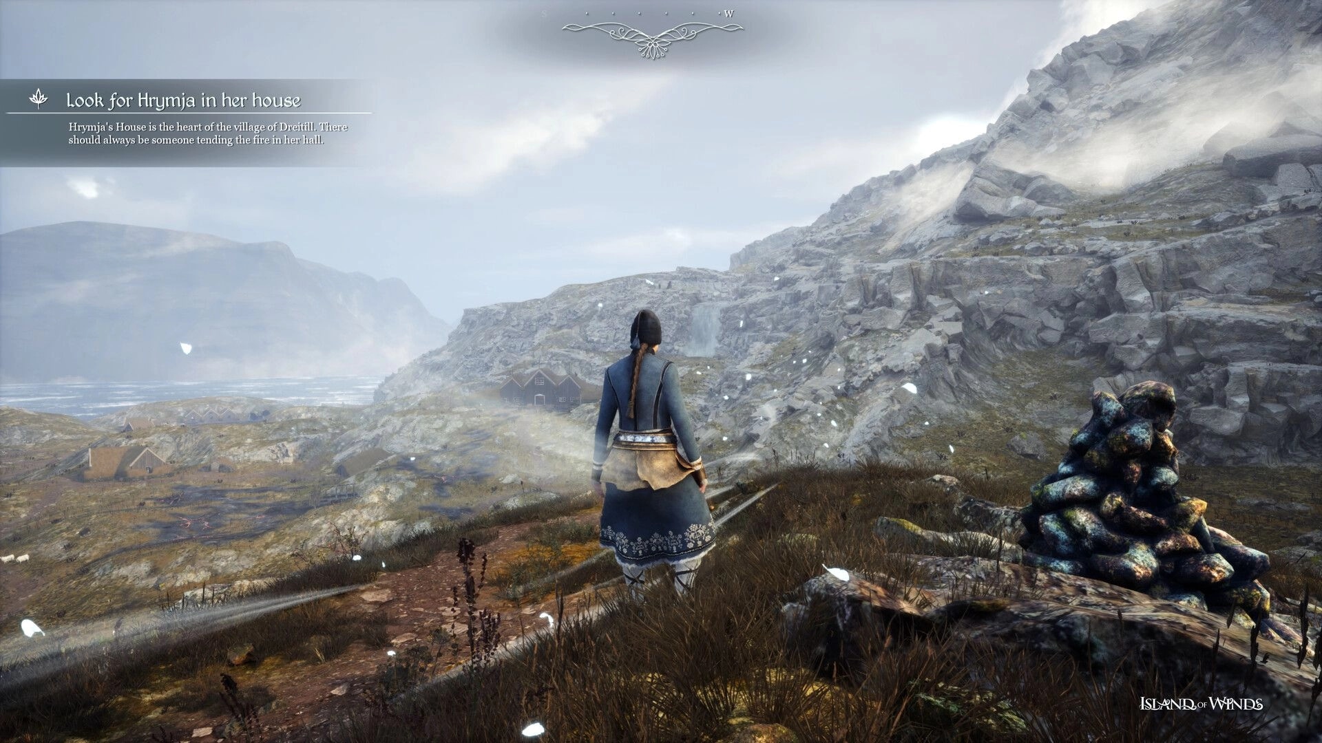 Island of Winds: Brynhildur explores a rocky landscape with quest details shown in the top-left corner