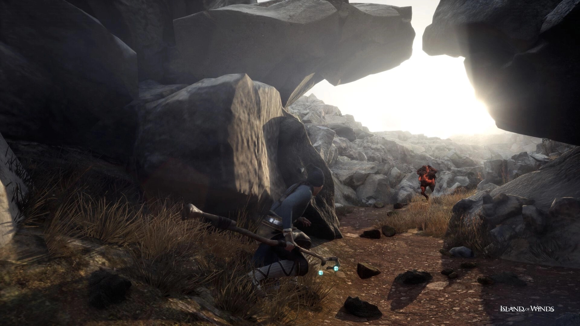 Island of Winds: Brynhildur crouches behind rocks, observing a fiery creature in sunlit rocky terrain.