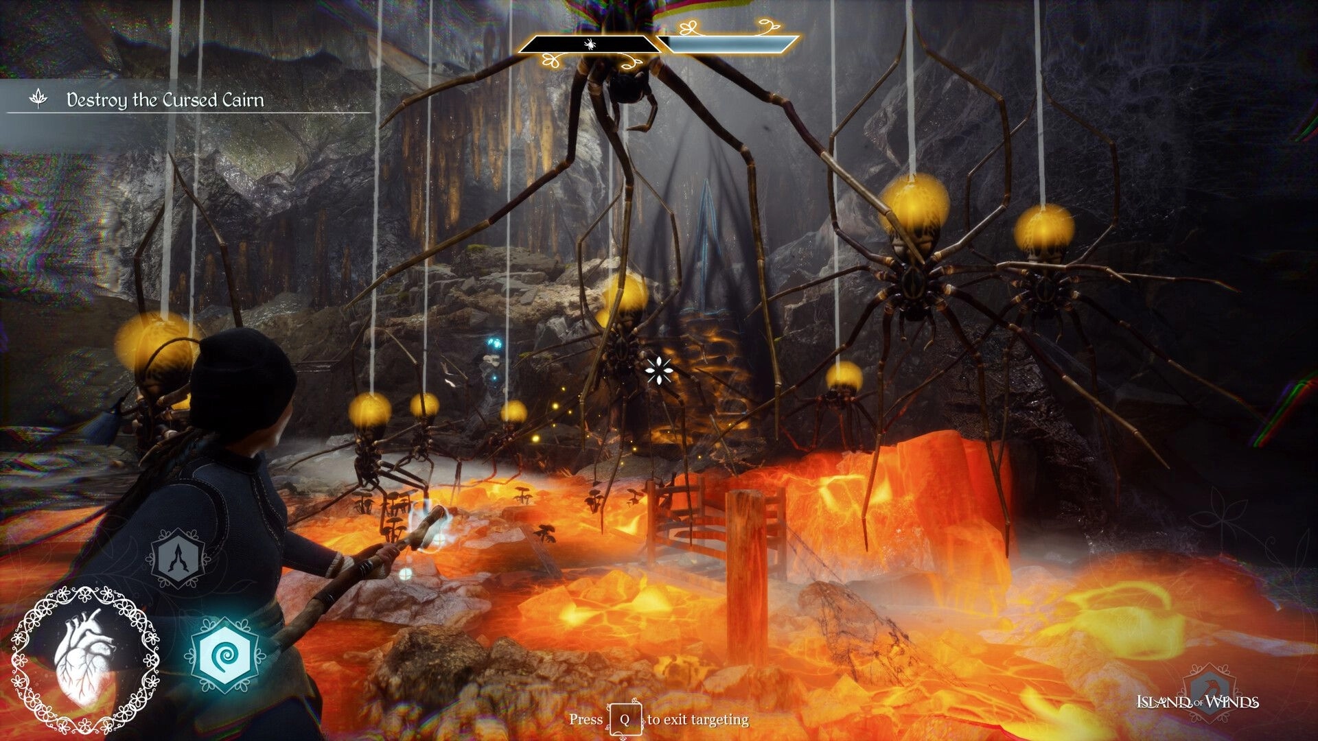 Island of Winds: Brynhildur faces giant spiders above lava in a dark cavern while casting spells.