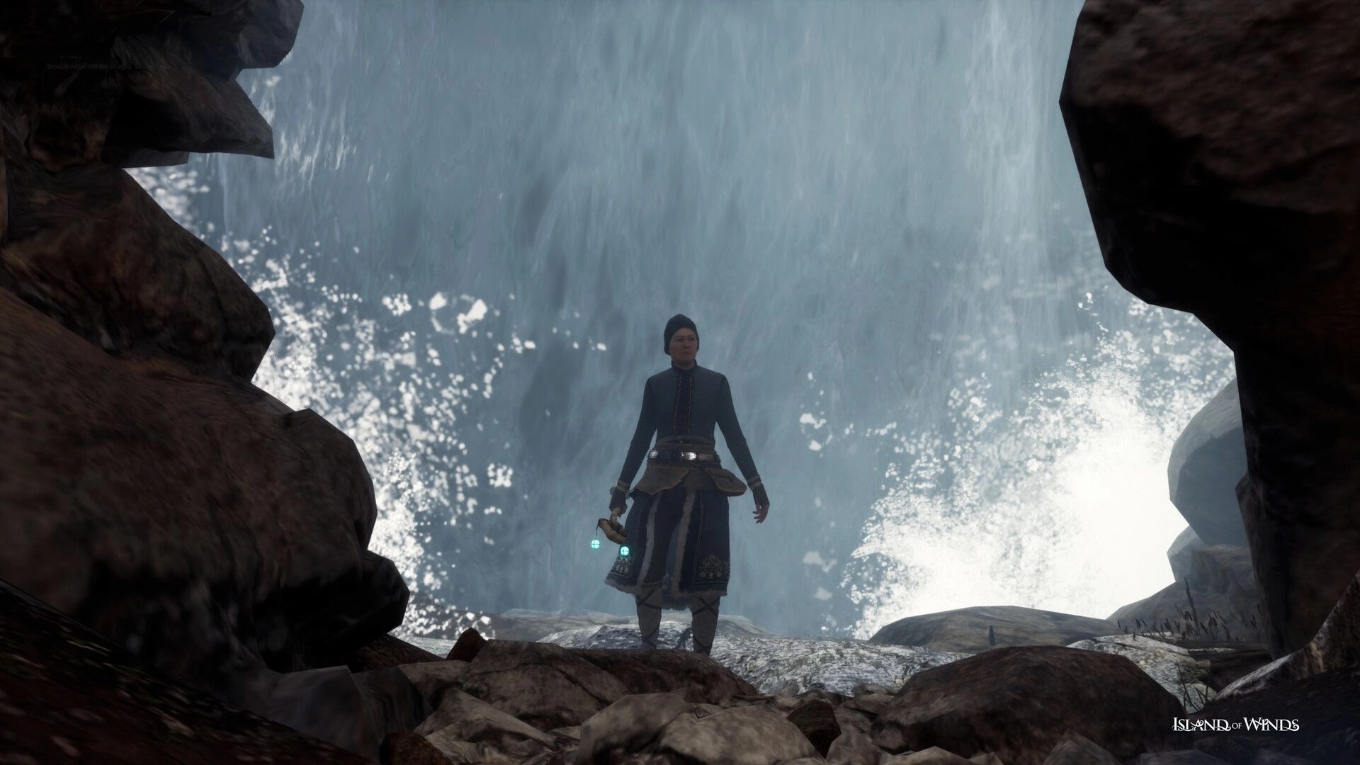 Island of Winds: Brynhildur stands before a cascading waterfall in a rocky cavern setting.