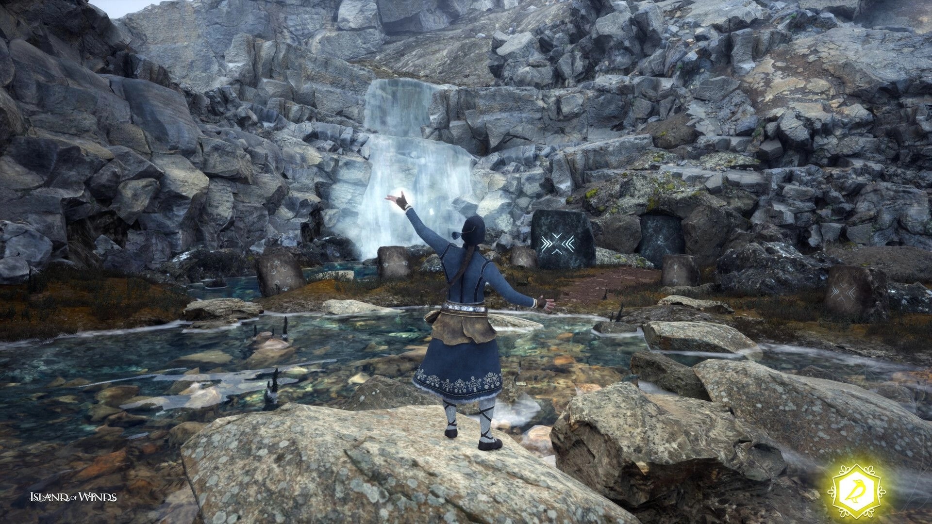 Island of Winds: Brynhildur casting spell near waterfall in rocky landscape with magical rune stones