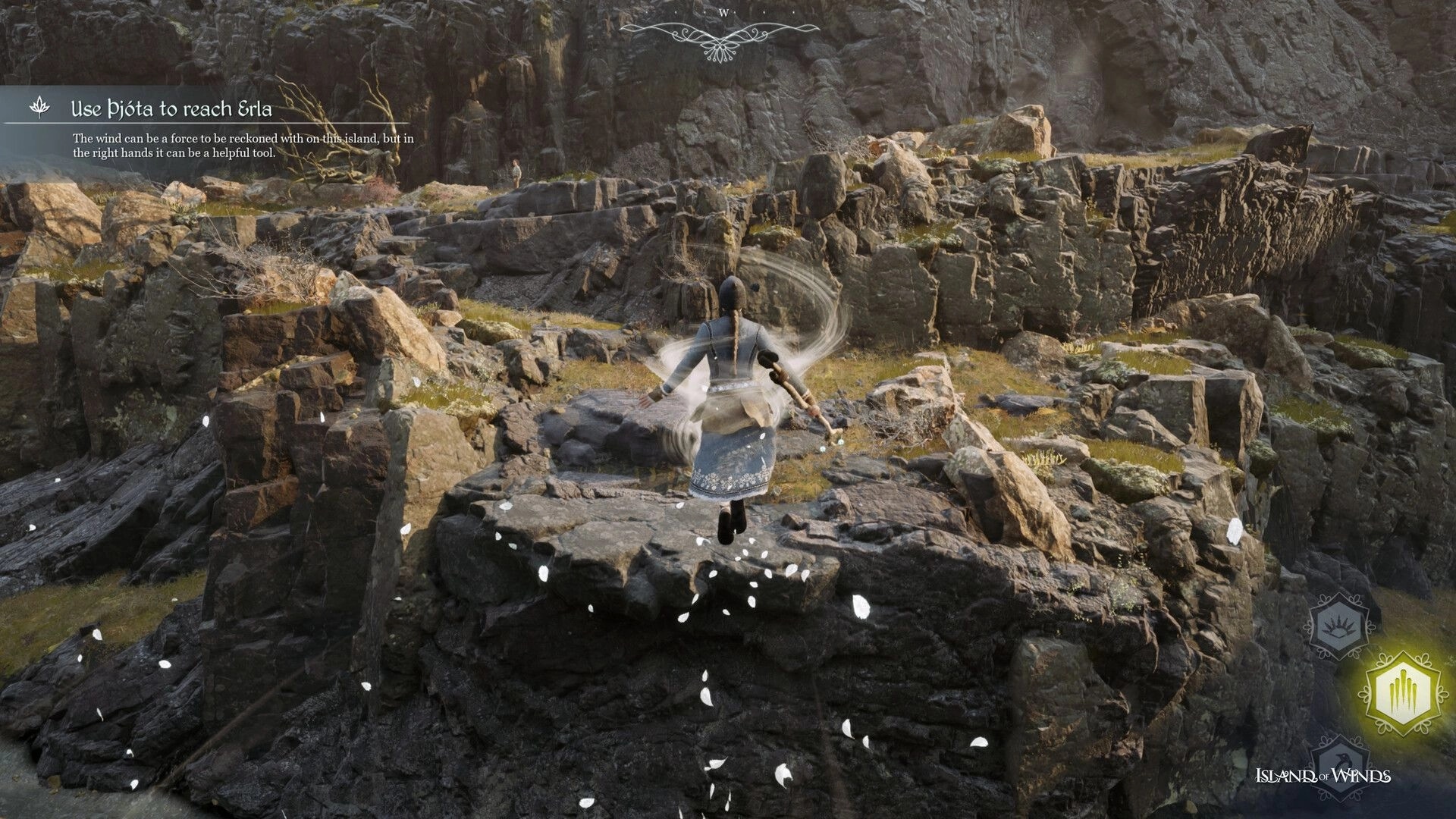 Island of Winds: Brynhildur uses wind magic to leap across rocky terrain in a rugged cliffside setting.