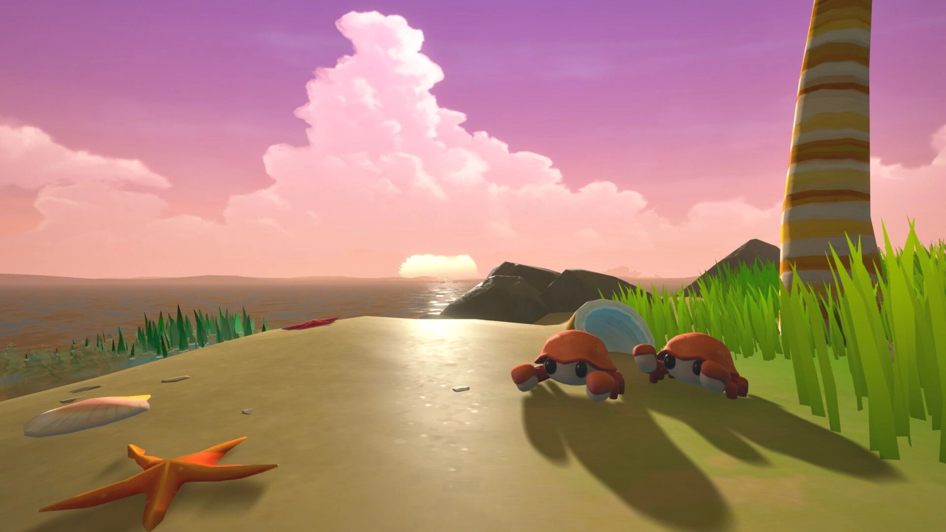 Island Restoration: Two cartoon crabs on a sandy beach at sunset with starfish, grass, and rocks.