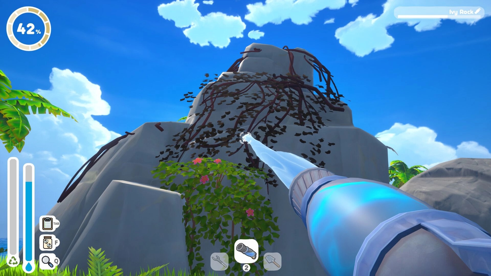 Island Restoration: Water blaster cleaning ivy rock on cliffside under blue sky, 42% progress UI.