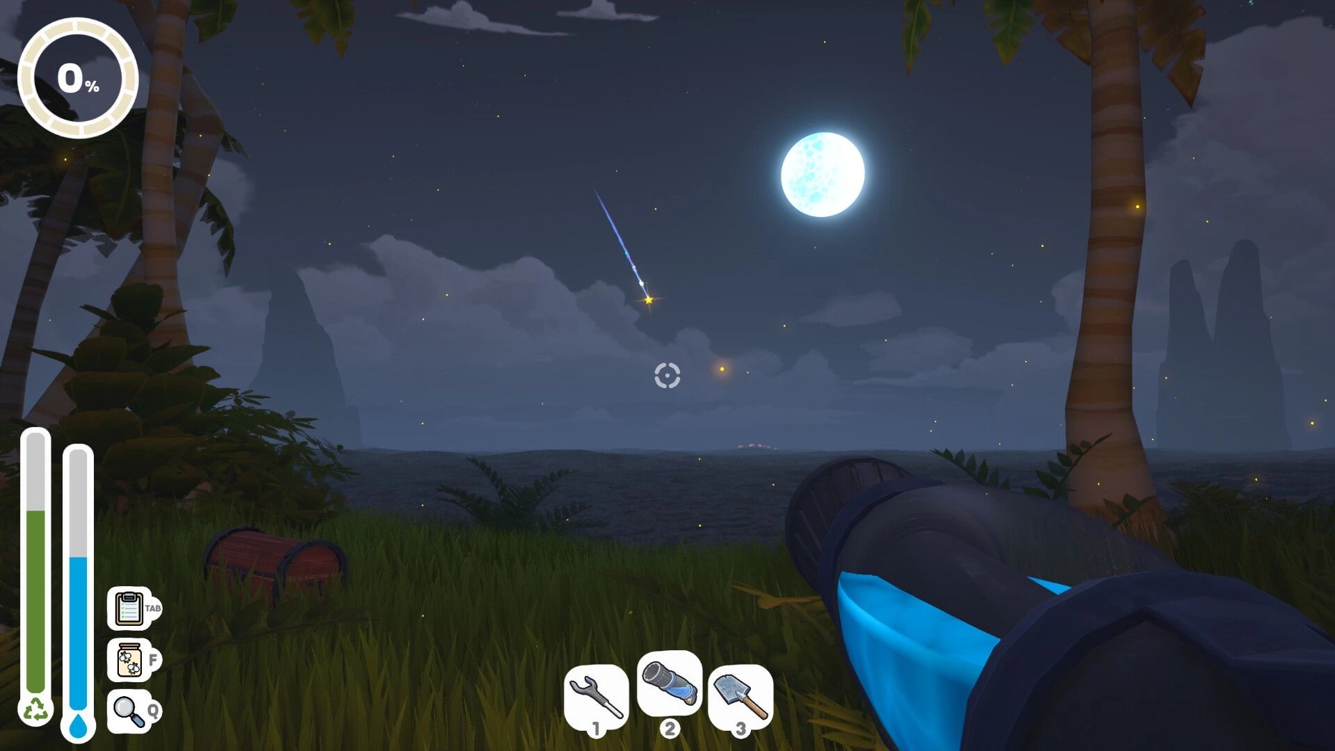 Island Restoration: First-person view aiming water blaster at night beach under full moon and meteor UI 0%.