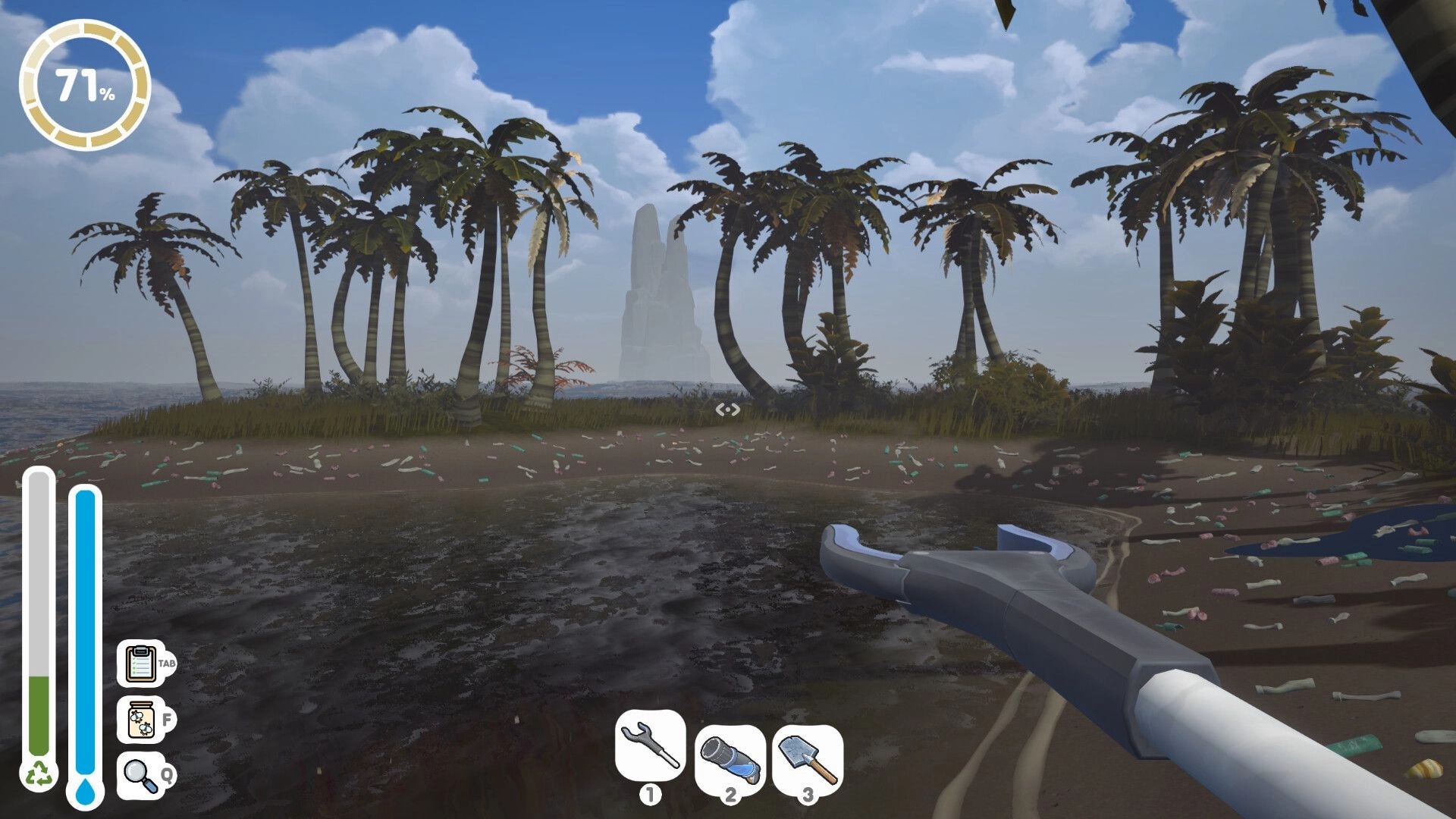 Island Restoration: Cleaning oily beach with vacuum tool, UI shows 71% progress amid palm trees and sea.