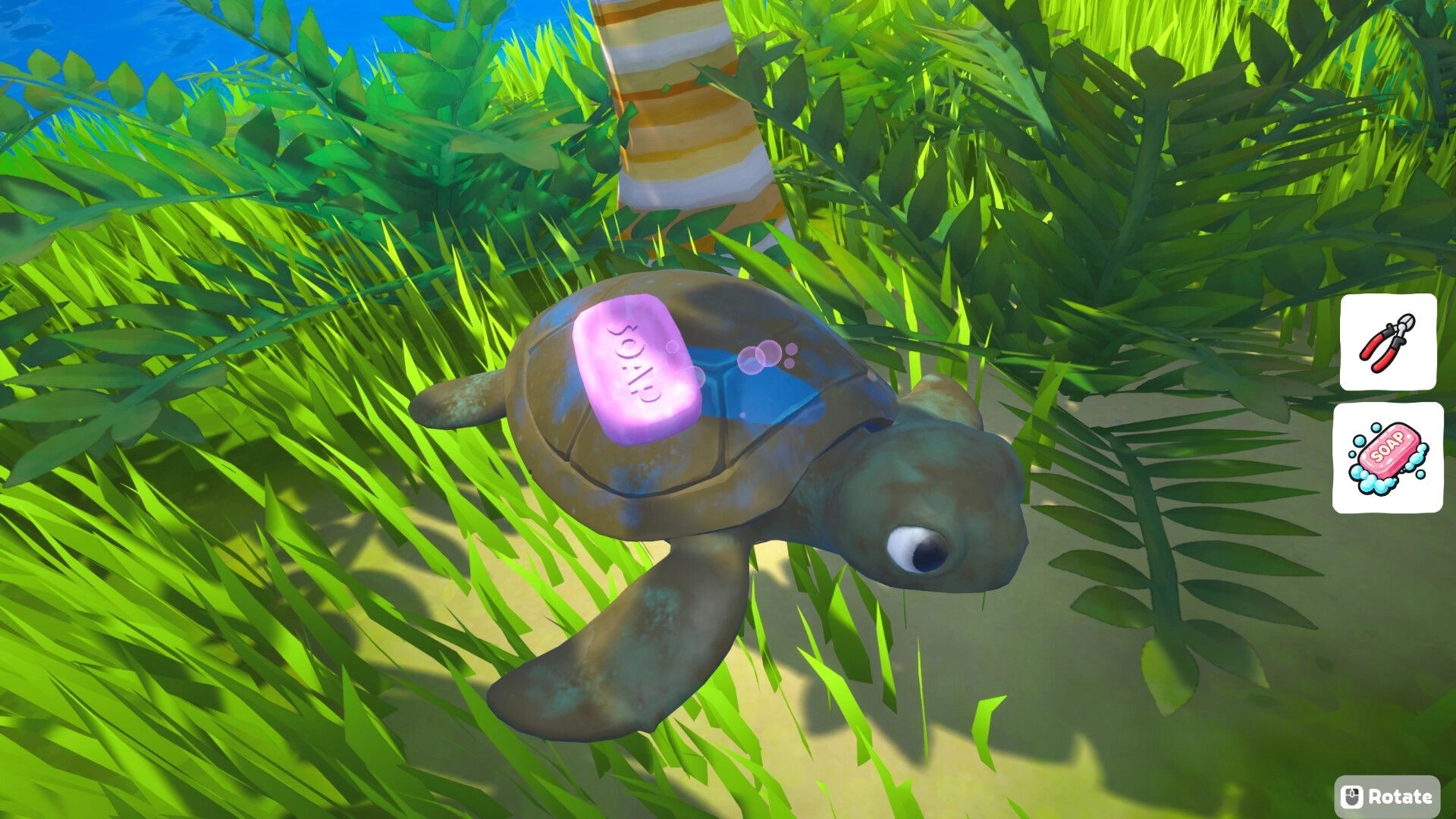 Island Restoration: Soap bar on a turtle shell with tool UI icons in lush jungle grass near a palm tree.