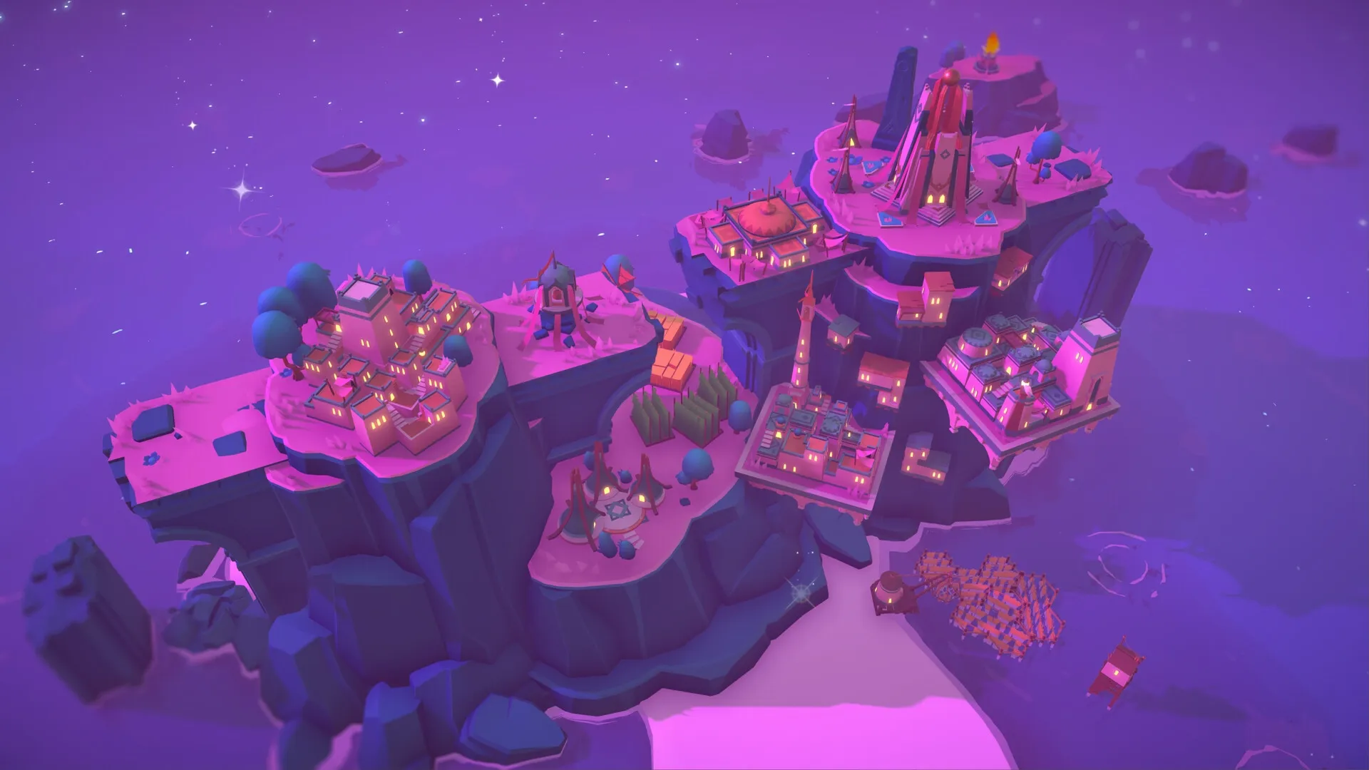 ISLANDERS: Vibrant island with illuminated buildings and lush trees under a starry violet sky