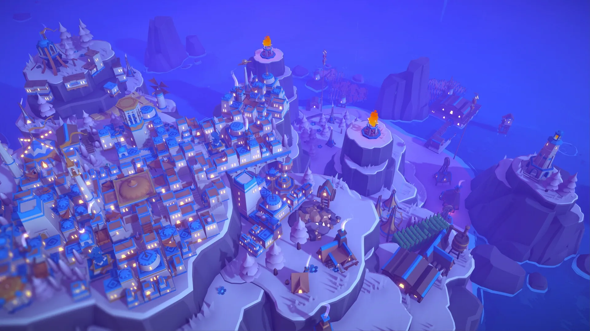 ISLANDERS: Expansive cityscape with illuminated buildings atop snowy cliffs overlooking the ocean