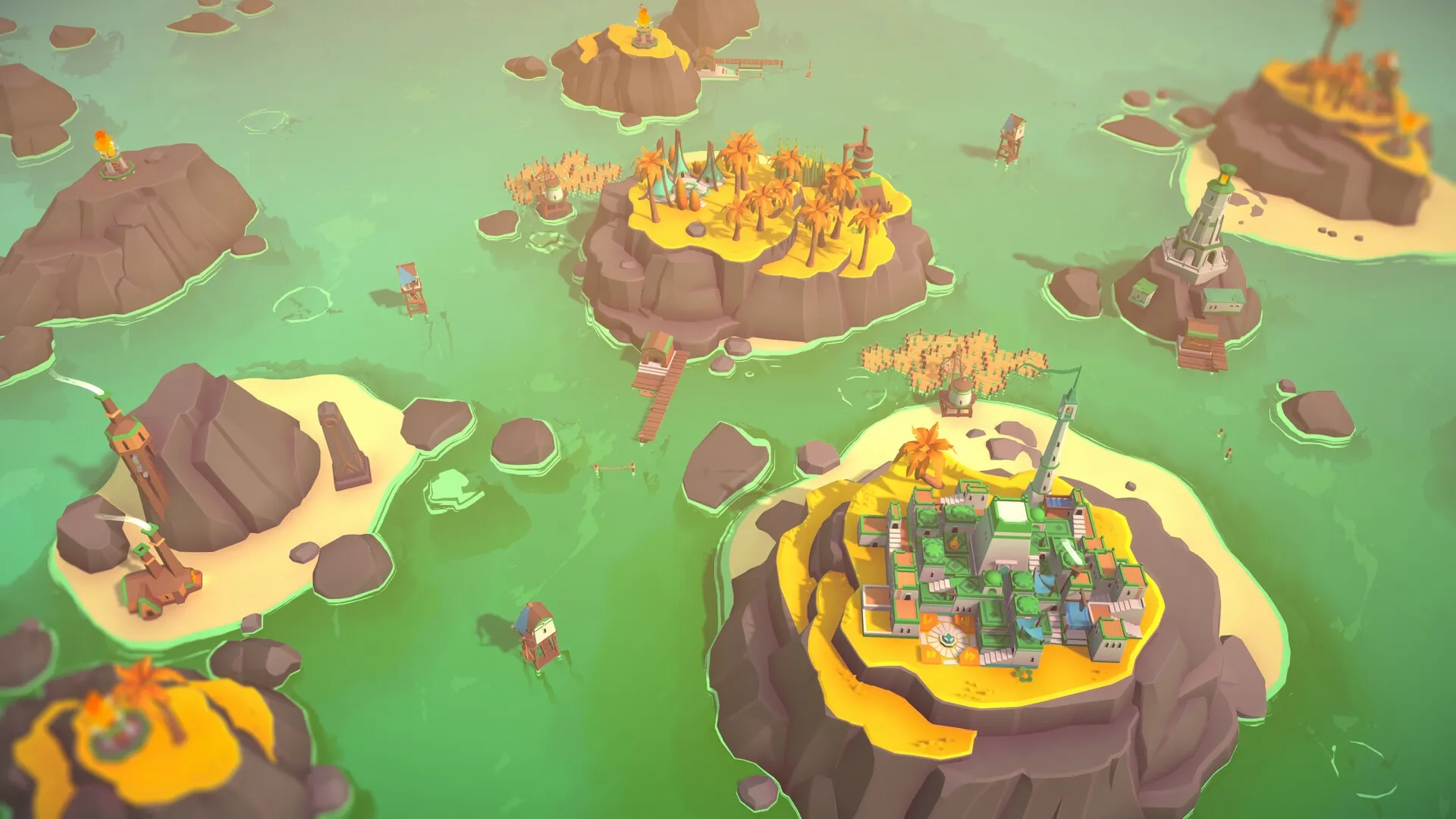 ISLANDERS: Overhead view of multiple islands with buildings and trees in a serene, colorful ocean setting.