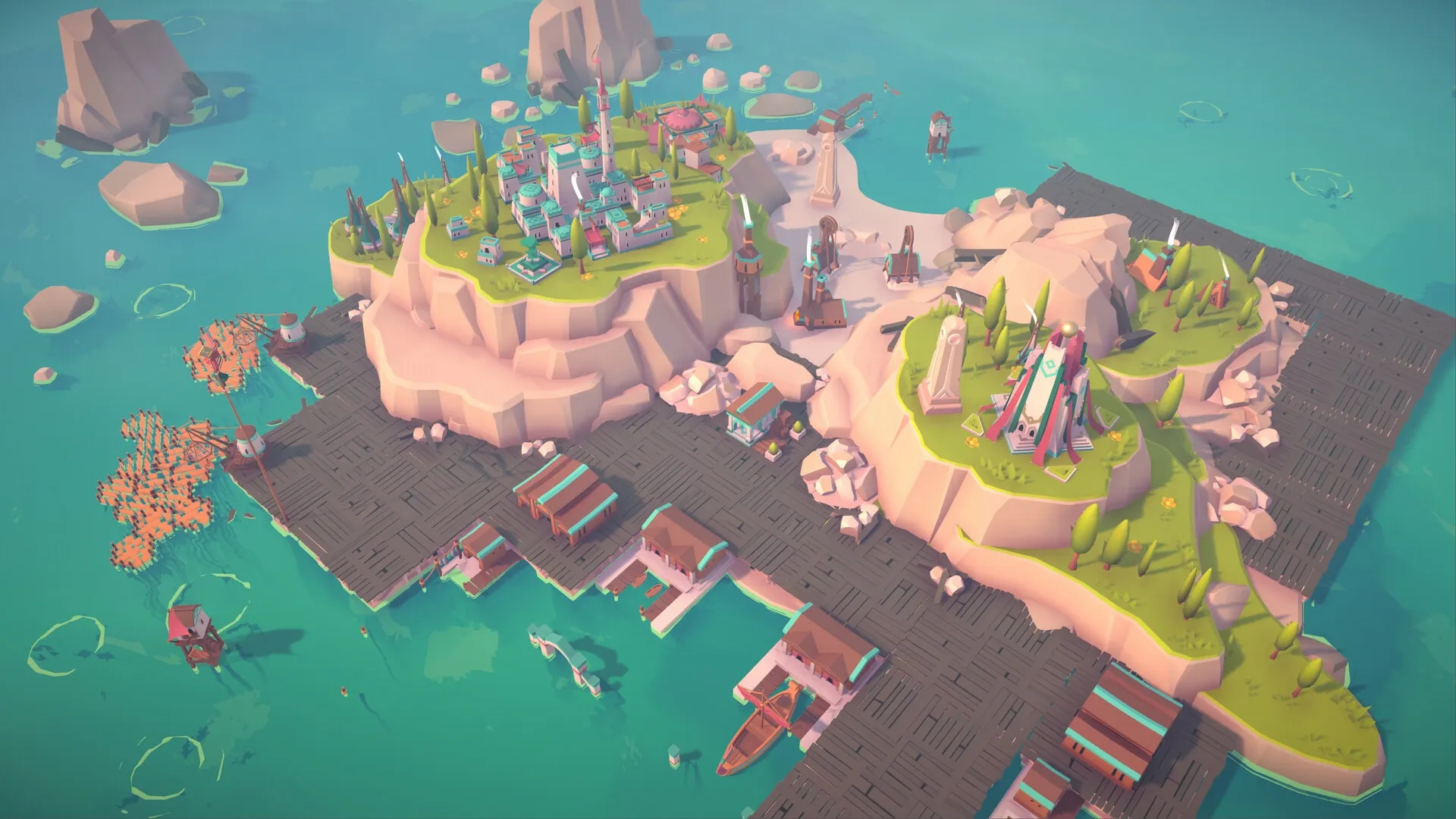 ISLANDERS: Colorful island cityscape with docks, buildings, and lush greenery in serene ocean setting.