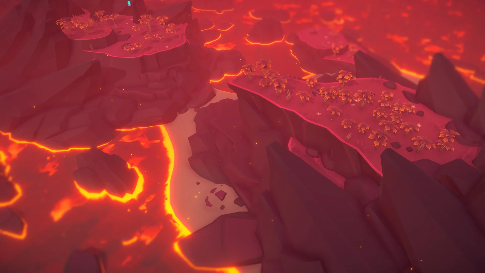 ISLANDERS: Lush red foliage on rocky cliffs above glowing lava flows in a vibrant volcanic landscape.