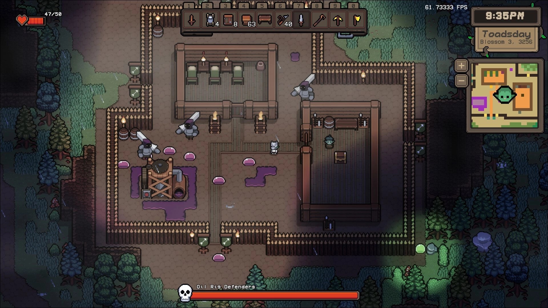 Isle Goblin: Goblin character navigates fortified village with resource bar and map in nighttime forest setting.