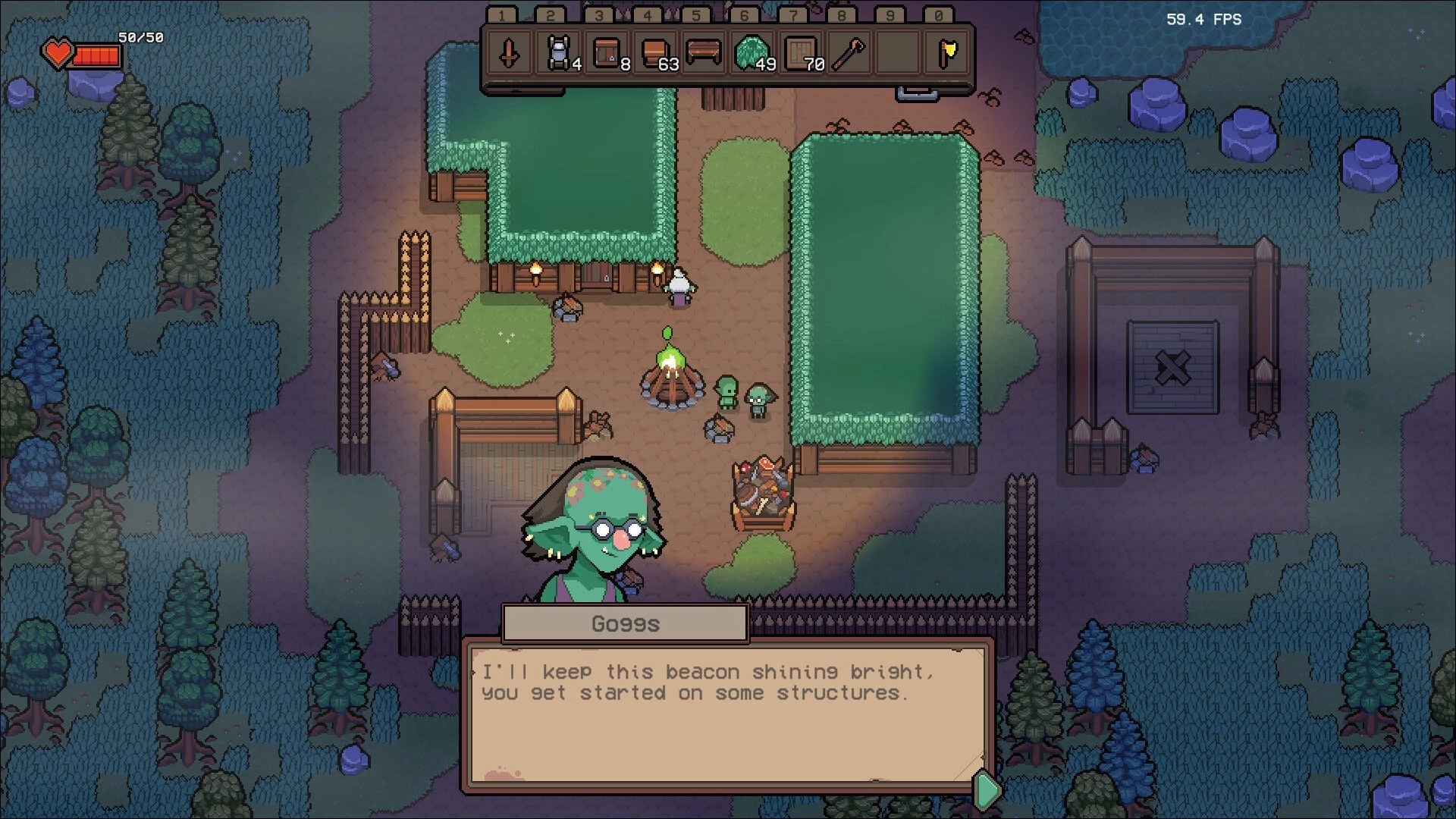 Isle Goblin: Goggs gives instructions near campfire, inventory menu at top, surrounded by trees and huts