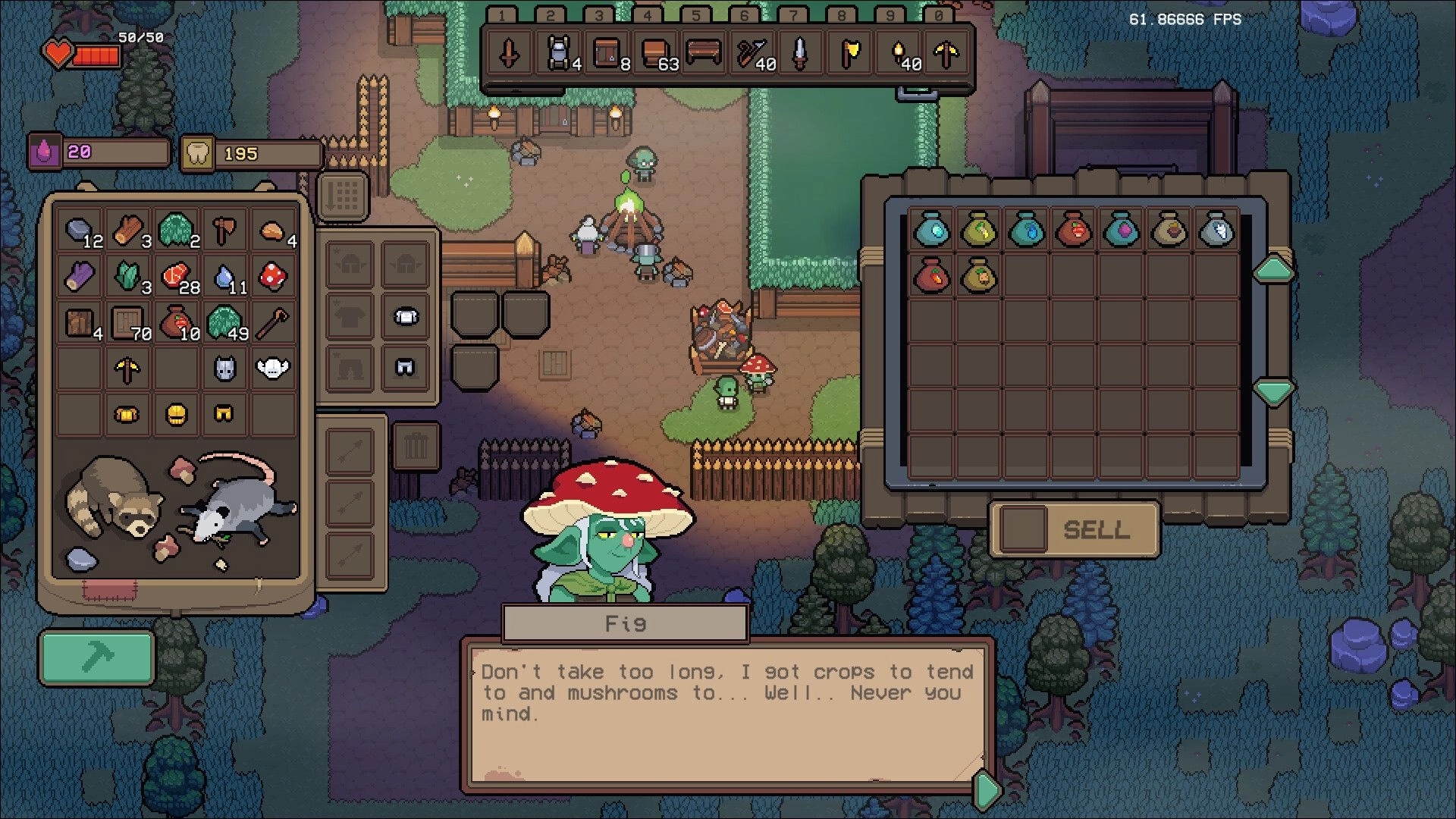 Isle Goblin: Inventory and crafting menu open with Fig speaking in a village setting with goblins nearby