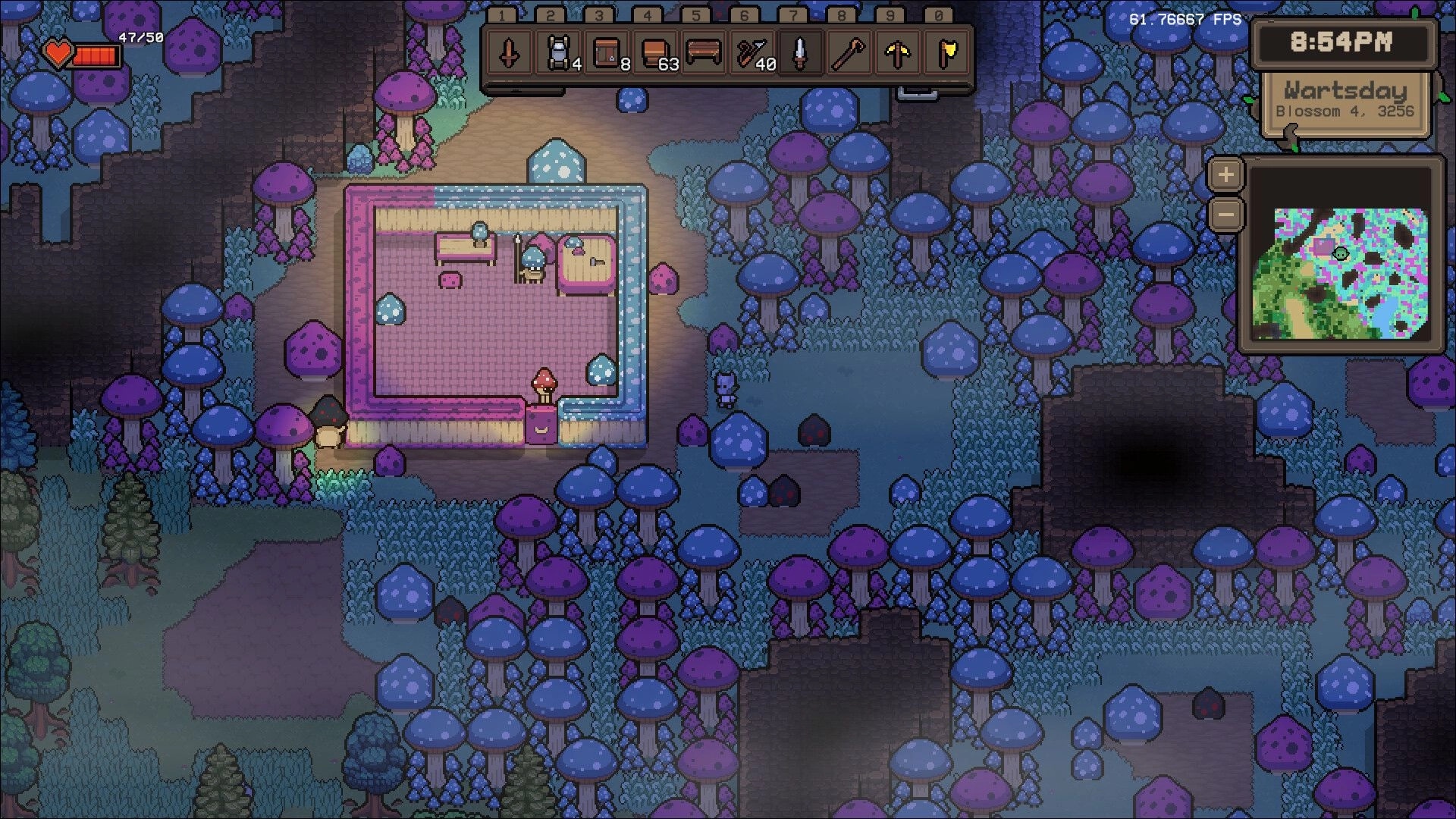 Isle Goblin: Character inside a pink mushroom house with surrounding forest and inventory bar visible