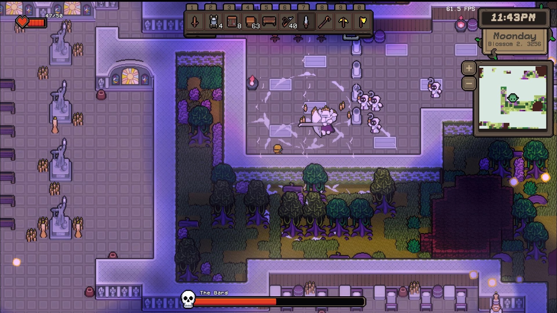 Isle Goblin: The Bard battles creatures in a forest with inventory and map UI elements displayed