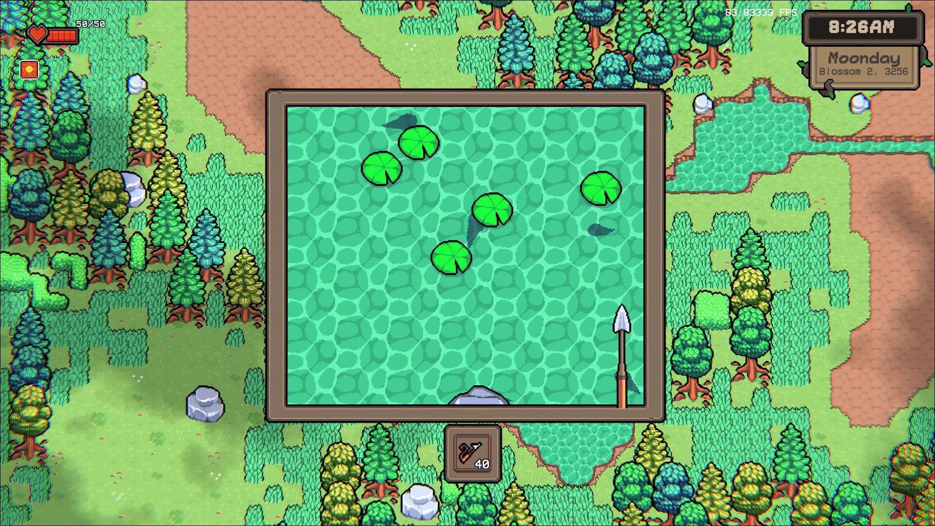Isle Goblin: Overhead map view with trees, lily pads, and spear icon in lush forest setting