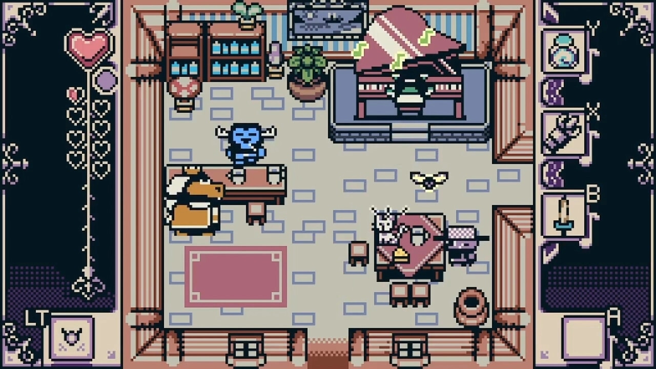 Isle of Reveries: Characters in a cozy room with heart meter and inventory menu on screen