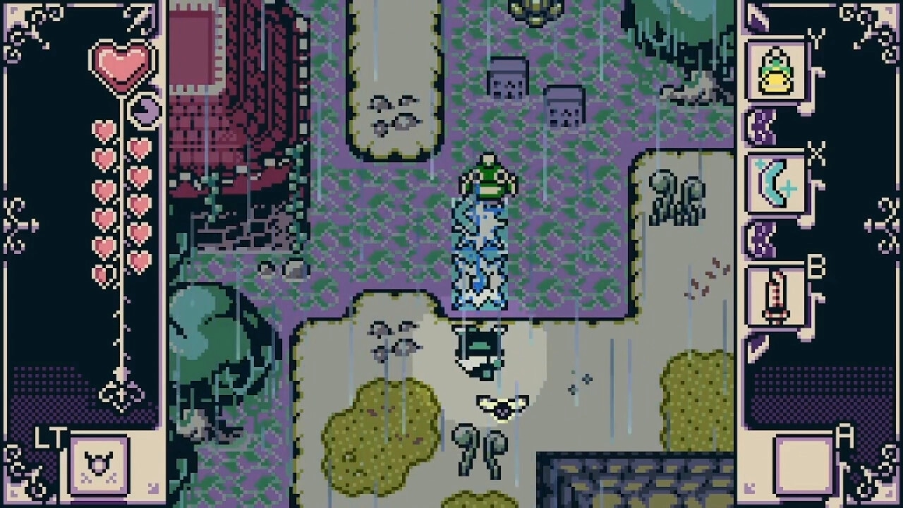 Isle of Reveries: Player exploring rainy dungeon path with heart meter and inventory icons displayed