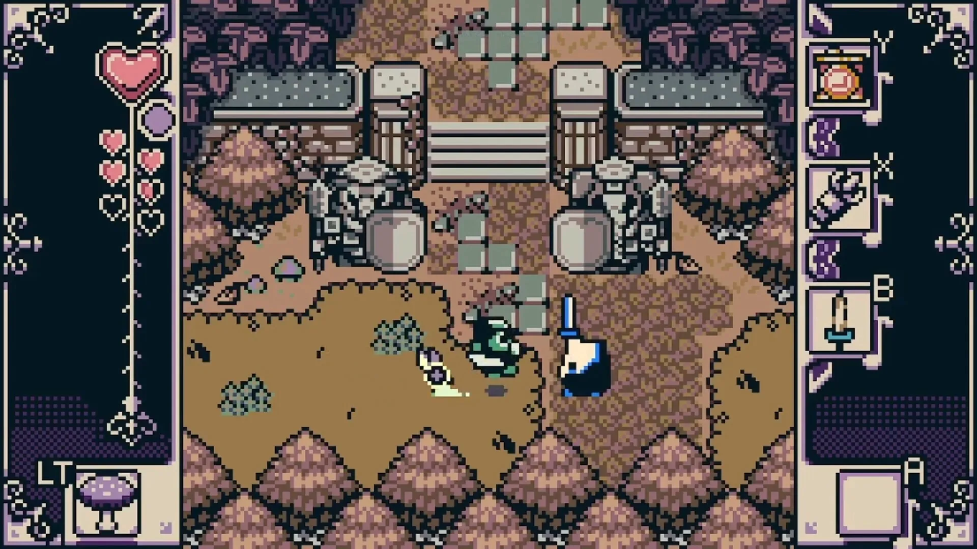 Isle of Reveries: Character battles enemy near stone gate in pixel art forest environment