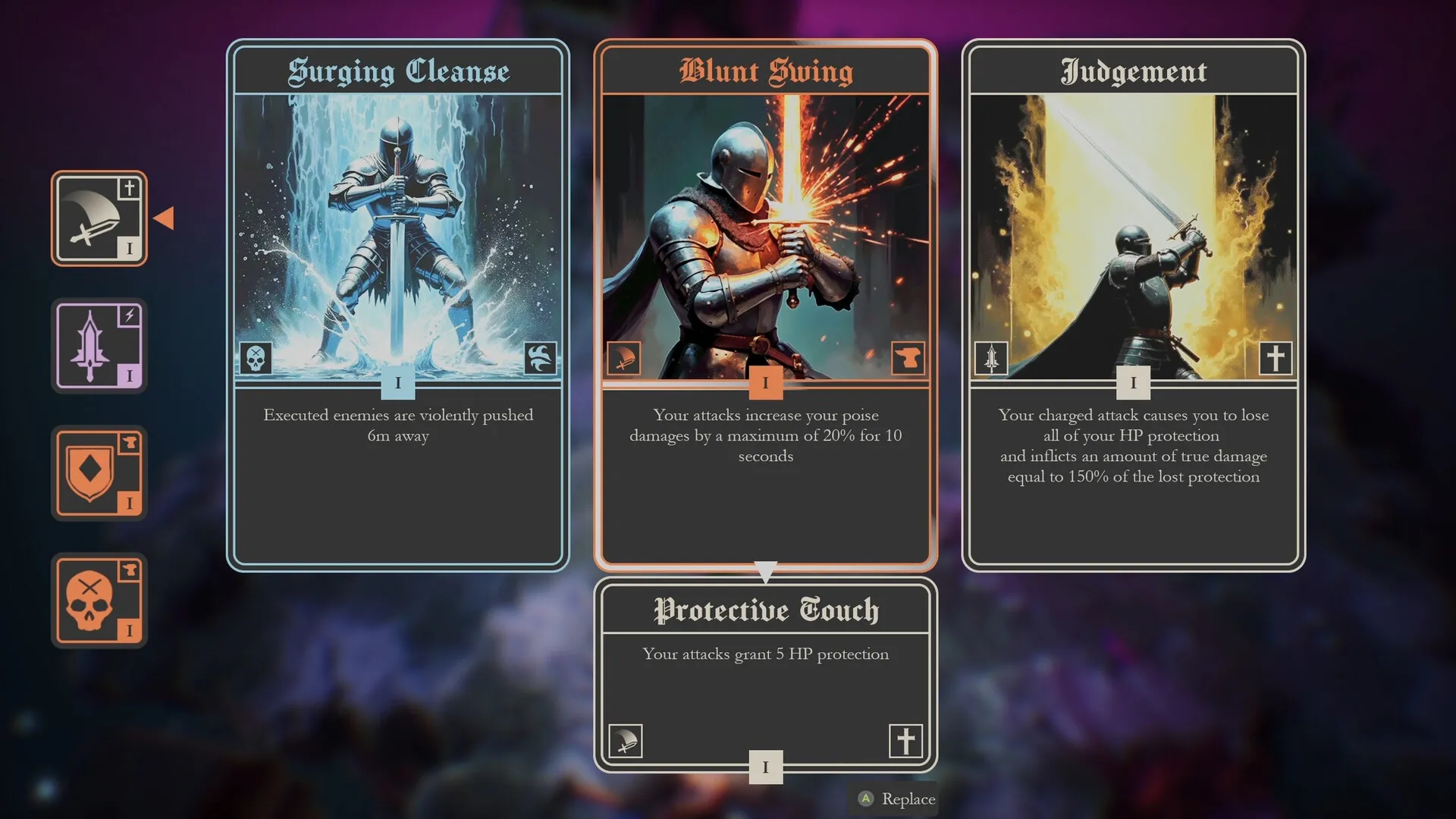 Isles of Krom: Skill selection screen with three ability cards displayed in a fantasy-themed interface