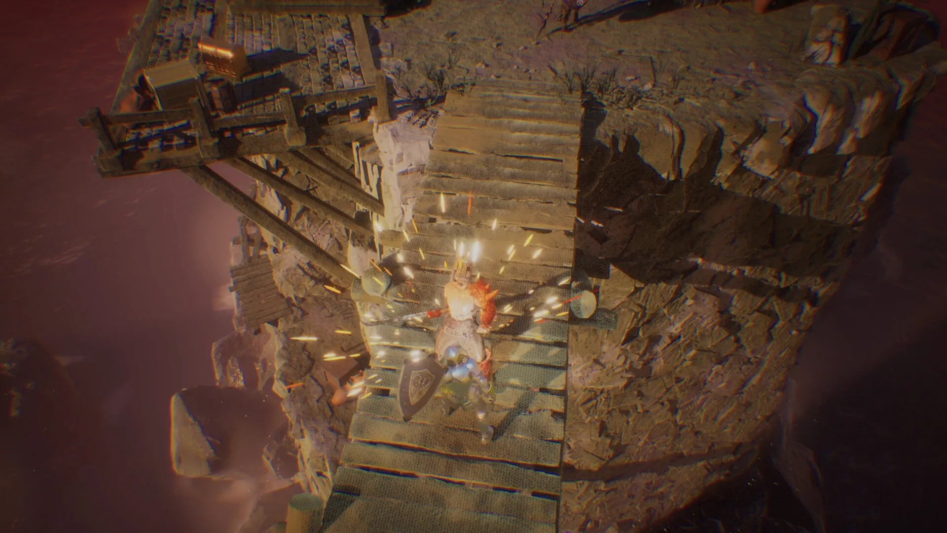 Isles of Krom: Intense melee combat on a narrow wooden bridge over a rugged canyon environment