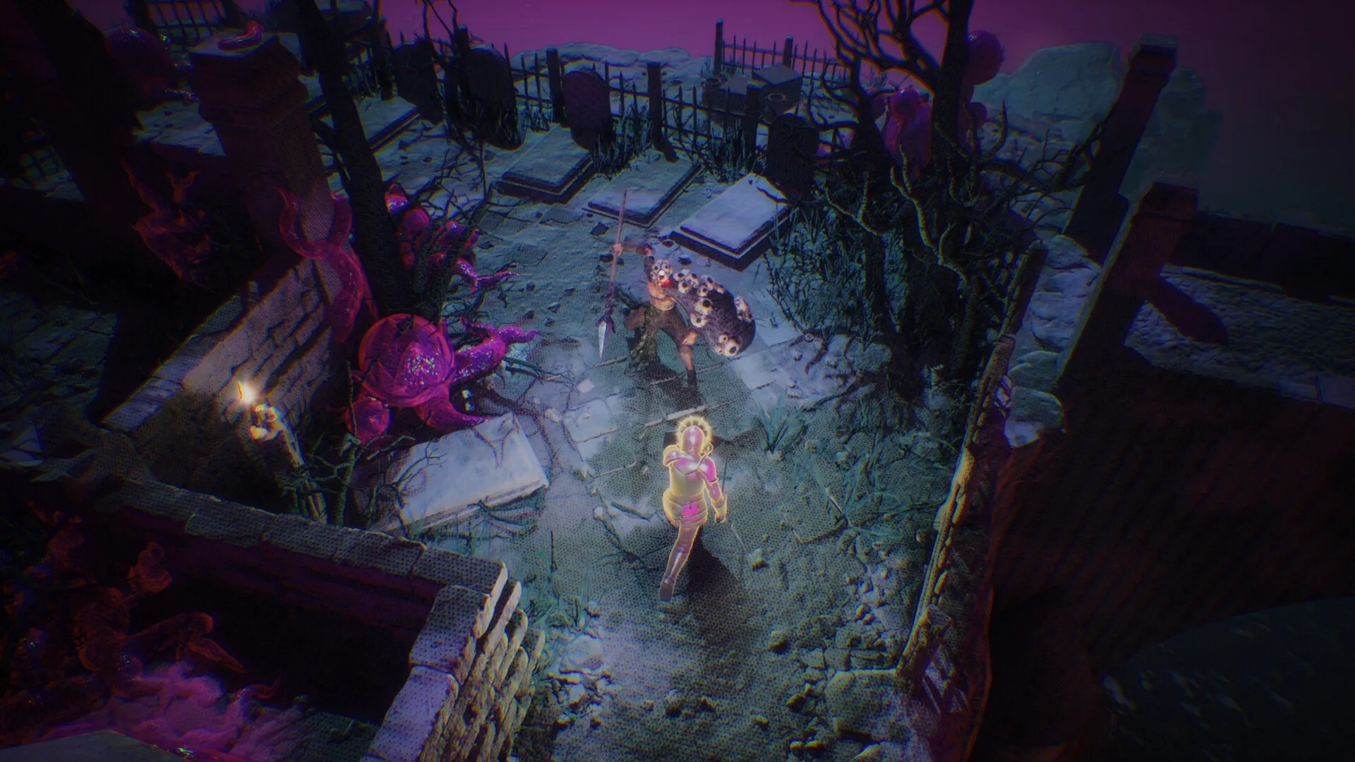 Isles of Krom: Two characters in combat amidst eerie ruins with glowing plants and tombstones