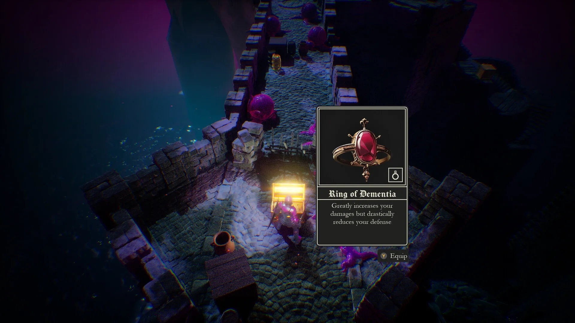 Isles of Krom: Player finding Ring of Dementia in a dimly lit stone corridor with treasure chest.