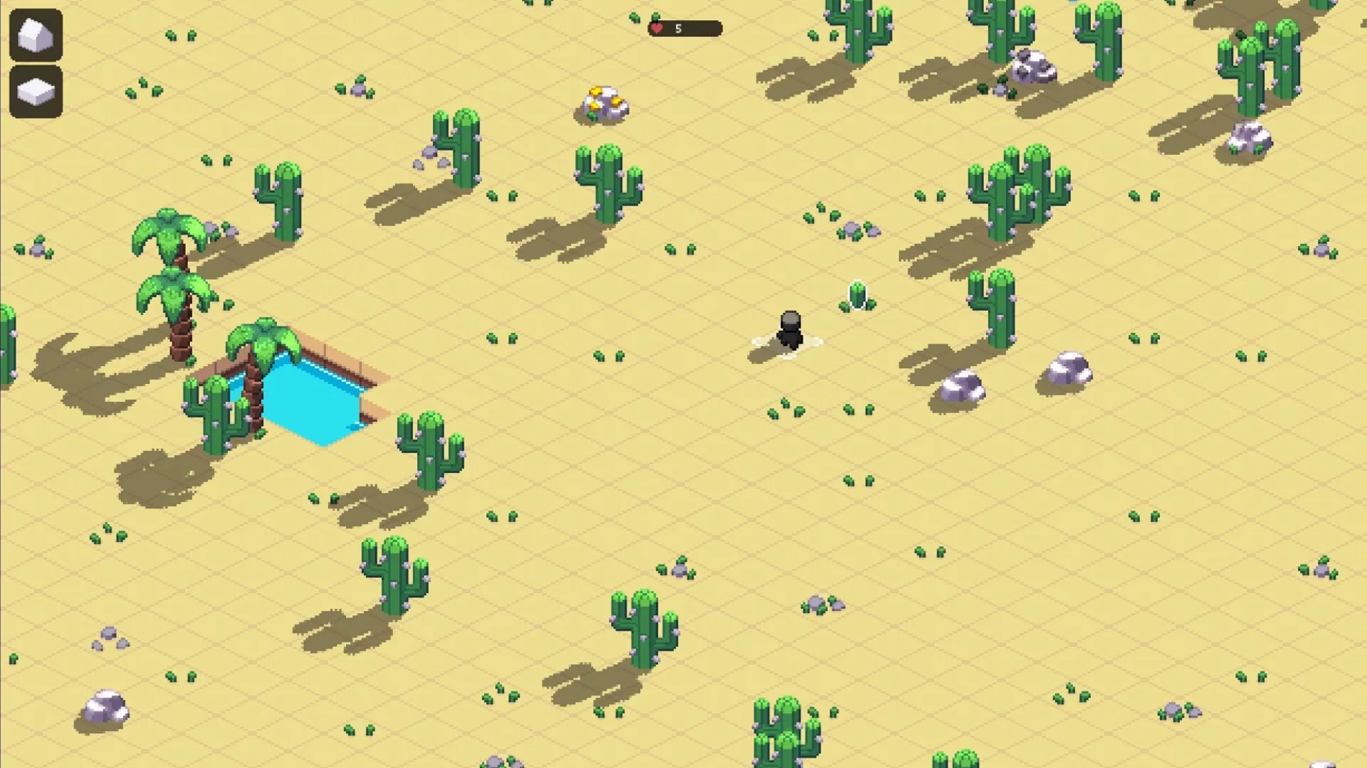 ISO-CORE: Player character exploring desert biome with cacti, palm trees, and a small water pool