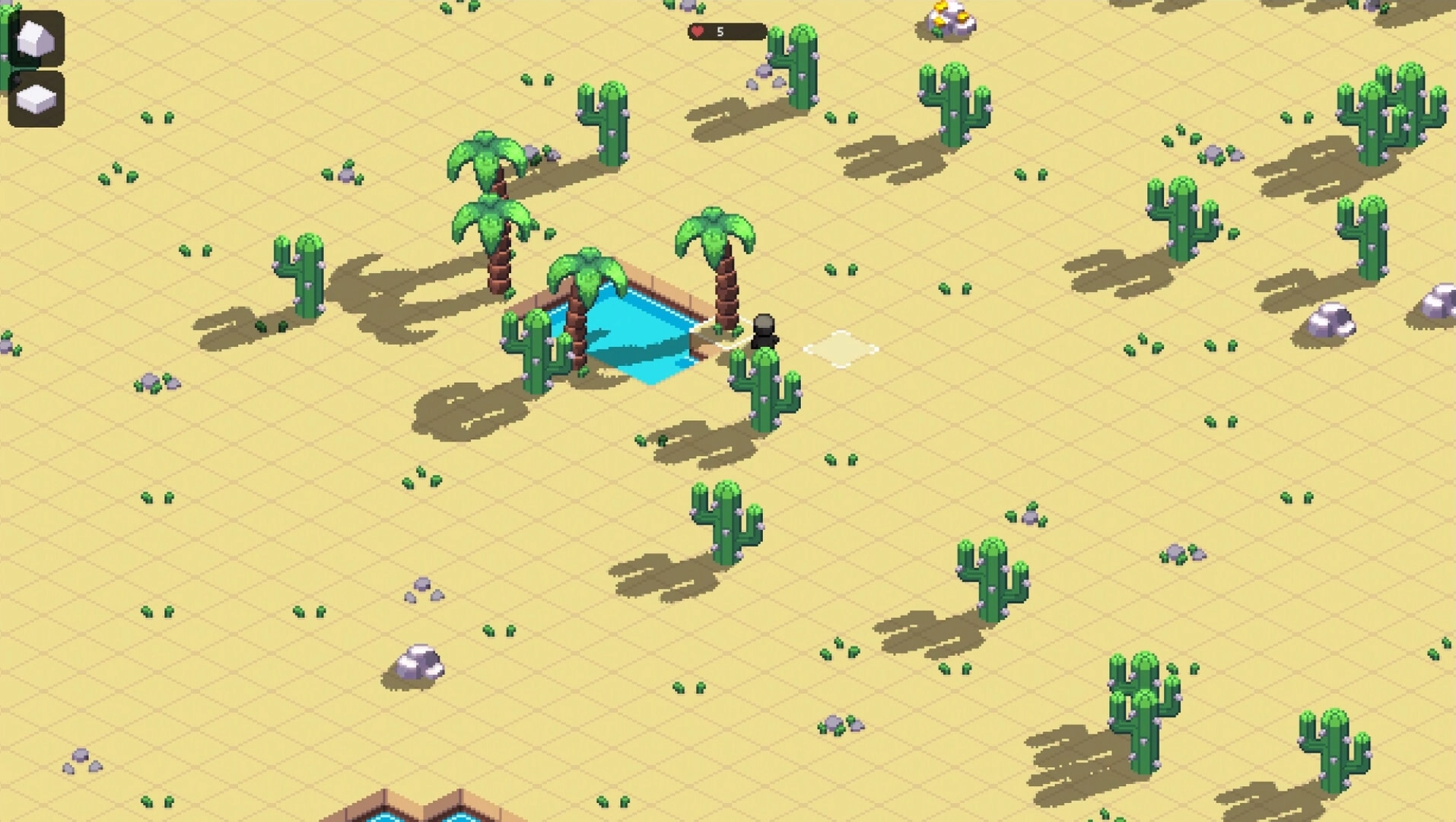 ISO-CORE: Character exploring desert with cacti and palm trees near oasis, health bar visible