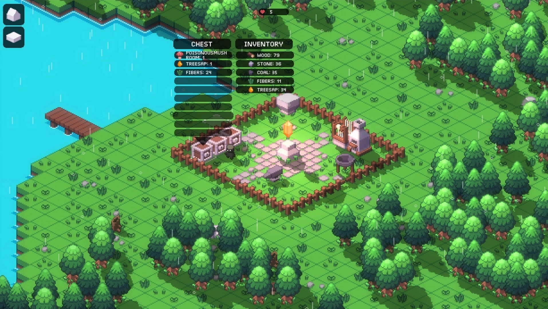 ISO-CORE: Inventory and chest menu displayed in a fenced garden area next to a lake and forest.